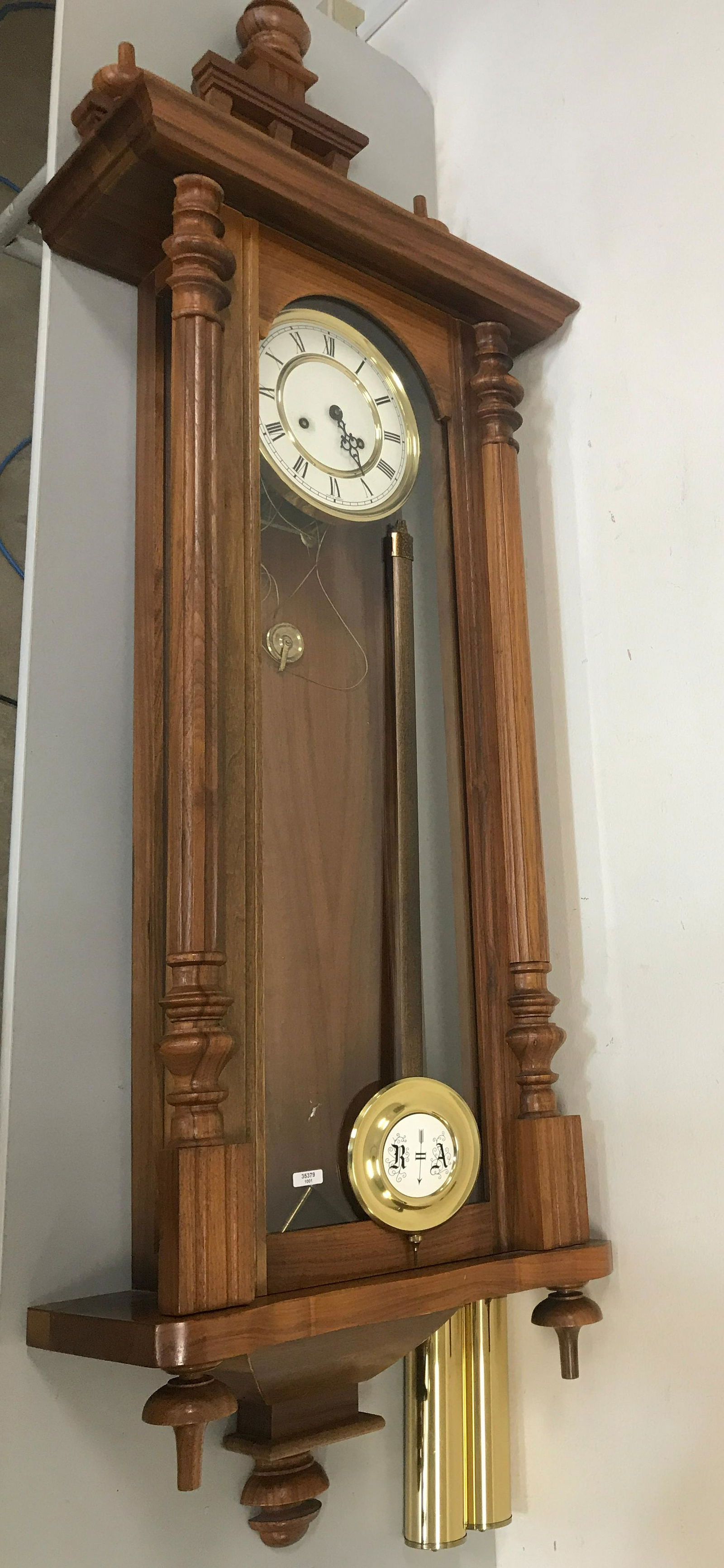 WALNUT CASE, 2 WEIGHT, VIENNA STYLE REGULATOR WALL: WALNUT CASE, 2 WEIGHT, VIENNA STYLE REGULATOR WALL CLOCK 53" LONG