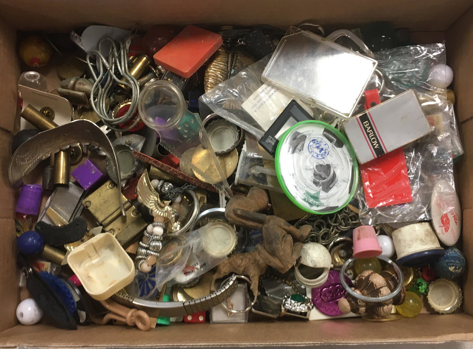 BOX LOT INCLUDING BELT BUCKLES, ADVERTISING PINS, AND: BOX LOT INCLUDING BELT BUCKLES, ADVERTISING PINS, AND MONEY CLIP