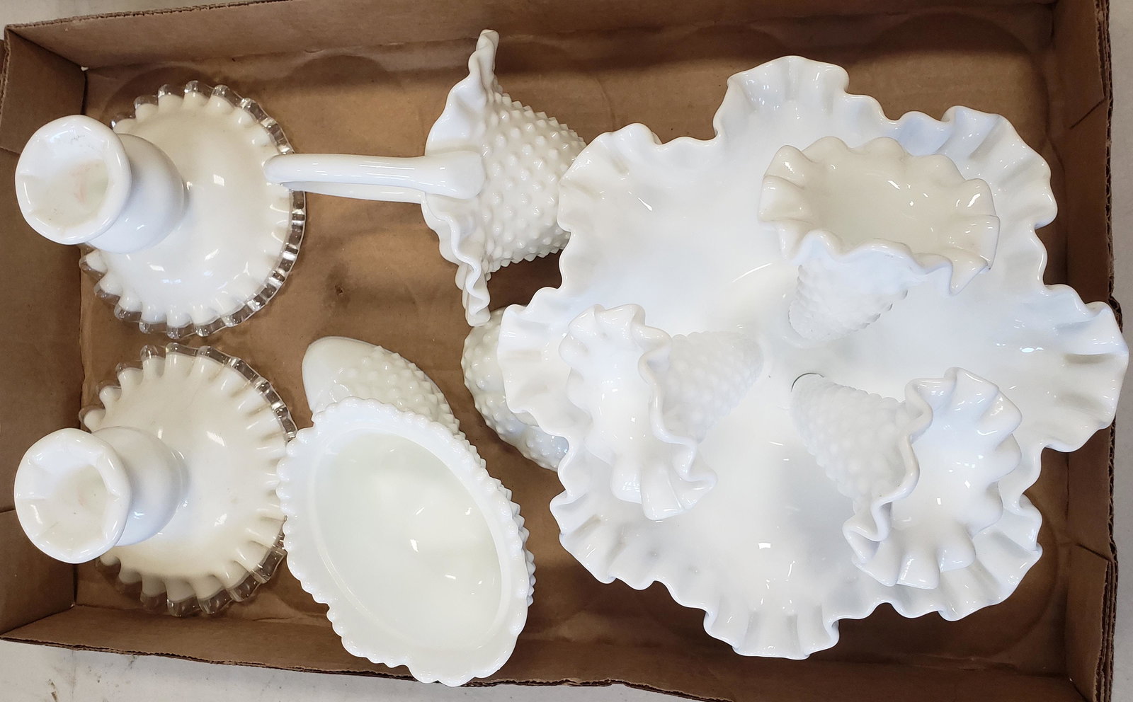 BOX LOT OF FENTON MILK GLASS, INCLUDING SHOE, BASKET,: BOX LOT OF FENTON MILK GLASS, INCLUDING SHOE, BASKET, CANDLESTICKS, AND 3 HORN EPERGNE