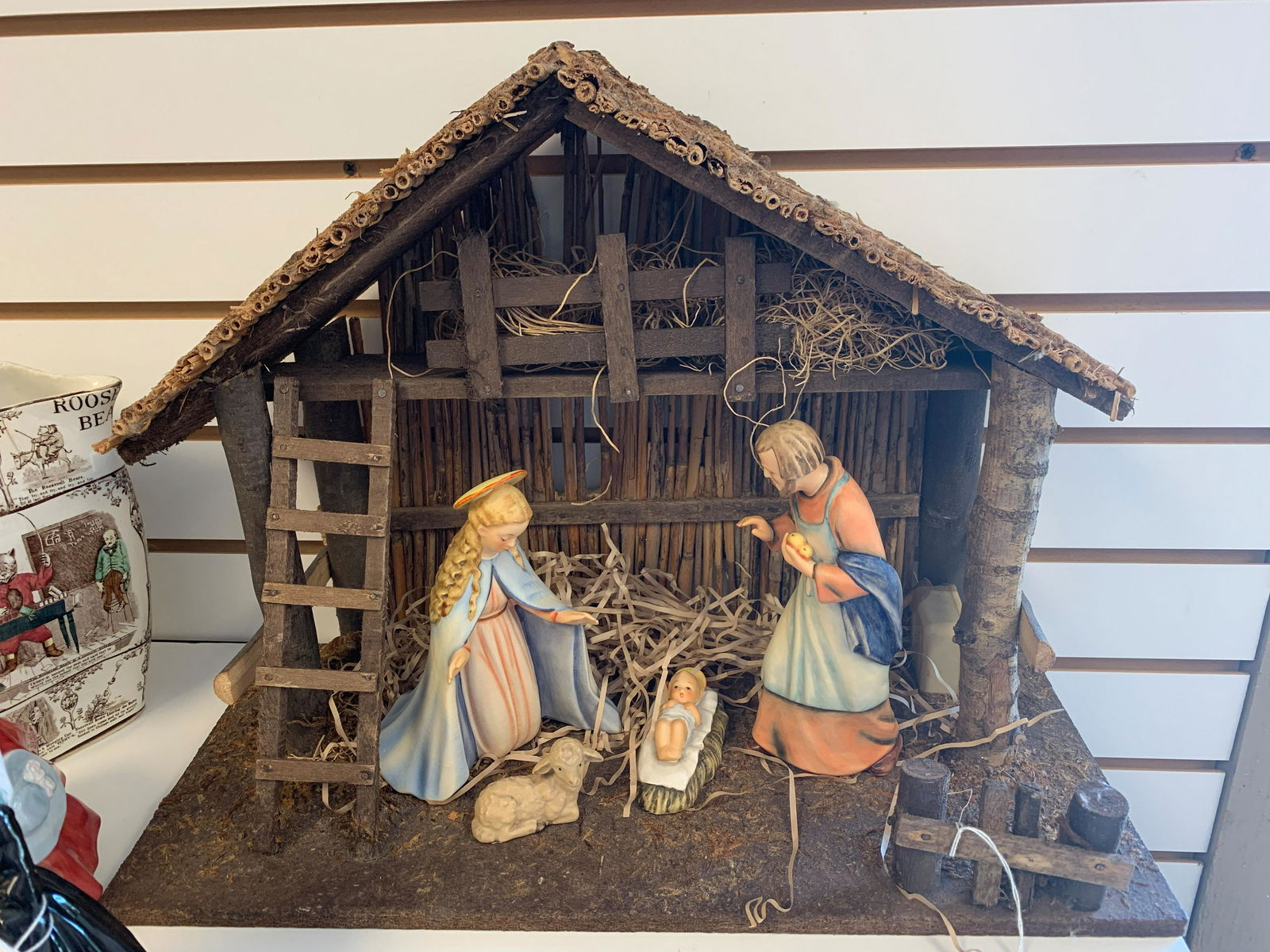 FOUR PIECE HUMMEL NATIVITY SET ( JOSEPH IS 7"TALL) AND: FOUR PIECE HUMMEL NATIVITY SET ( JOSEPH IS 7"TALL) AND A WOODEN STABLE