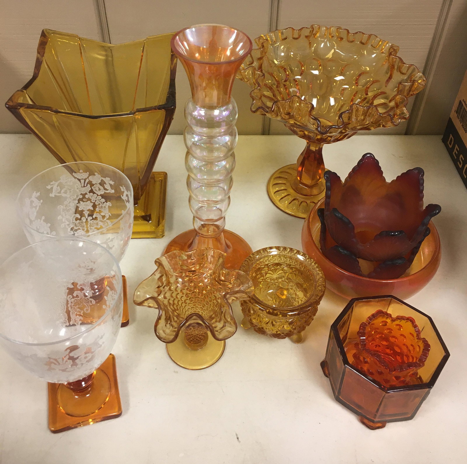 BOX LOT OF MISC. GLASS, INCLUDING AMBER FOOTED COMPOTE,: BOX LOT OF MISC. GLASS, INCLUDING AMBER FOOTED COMPOTE, AMBER ETCHED GOBLETS, AND AMBER RECTANGULAR VASE