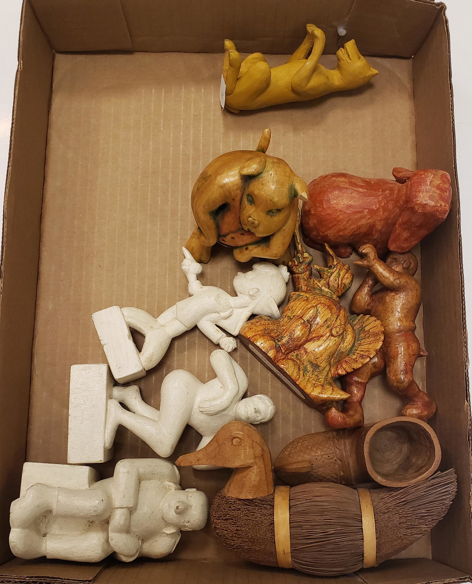 BOX LOT SMALL FIGURES INCLUDING CARVED MOTHER GOOSE: BOX LOT SMALL FIGURES INCLUDING CARVED MOTHER GOOSE