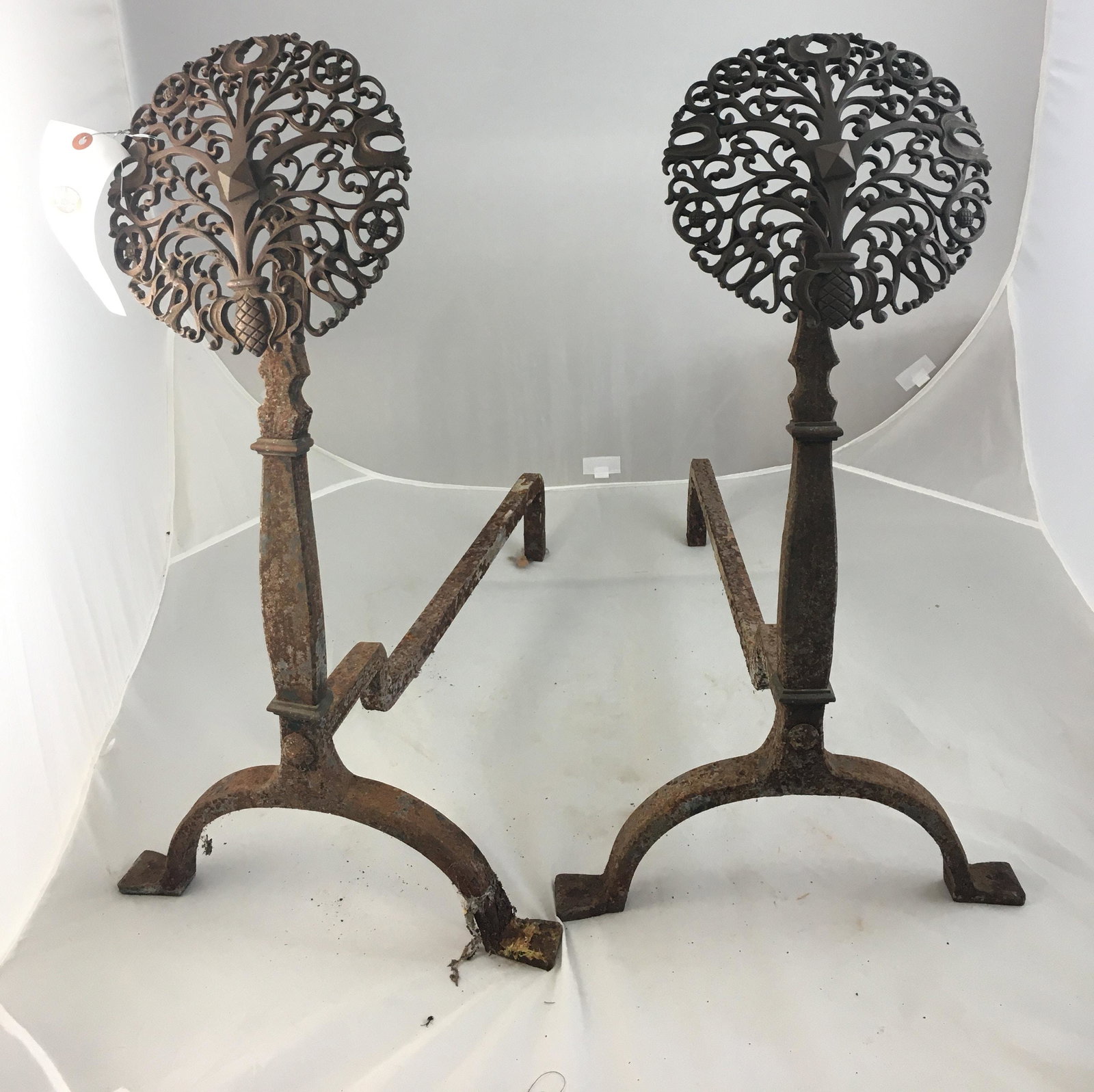 PAIR OF EARLY HAND FORGED ANDIRONS WITH LARGE BRASS: PAIR OF EARLY HAND FORGED ANDIRONS WITH LARGE BRASS ROSETTE TOPS 29" HIGH