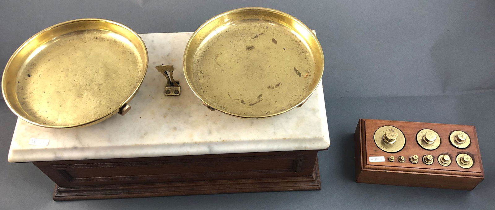 WALNUT VICTORIAN APOTHECARY SCALE WITH WHITE MARBLE (1 of 3)