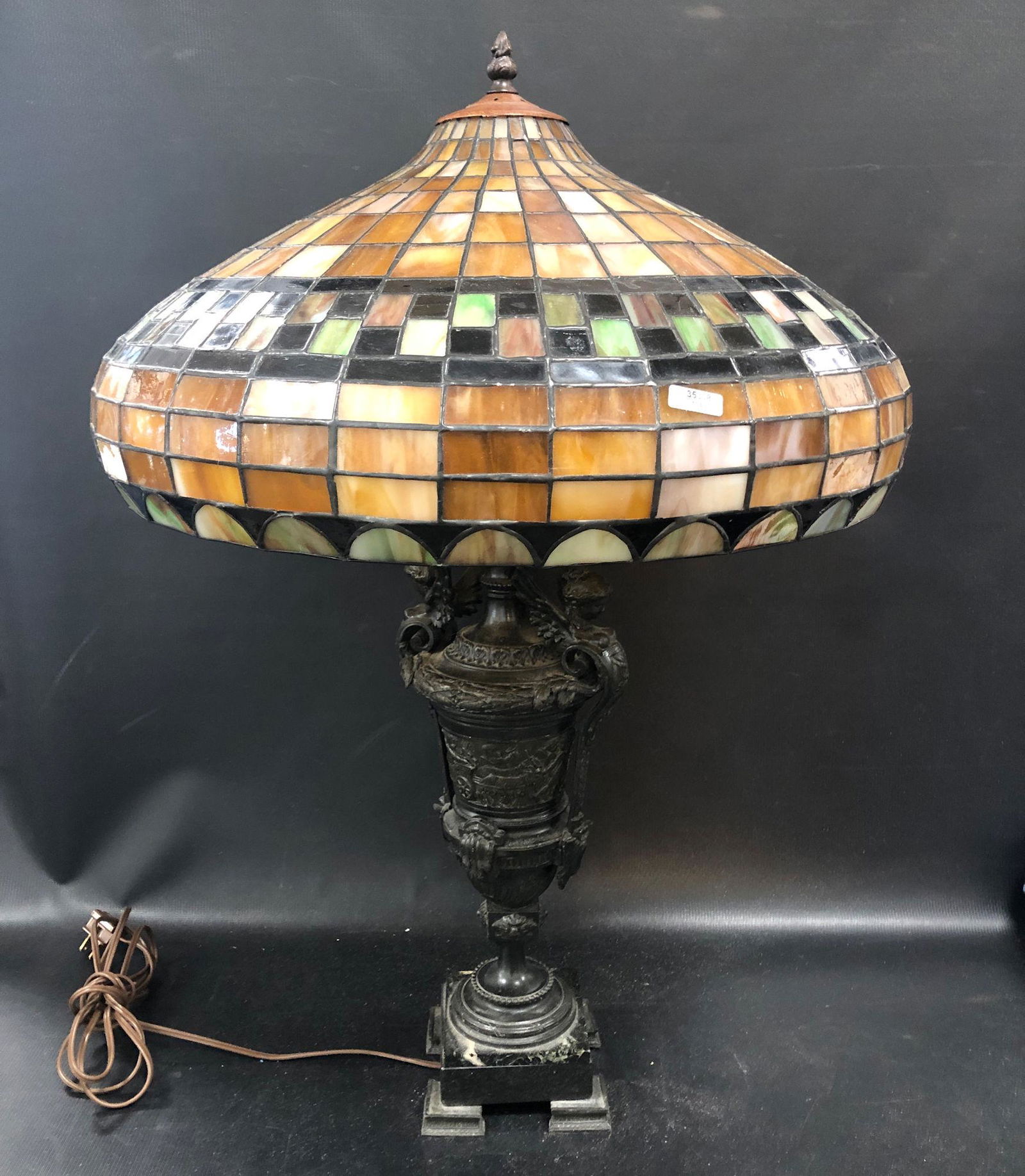 2- LIGHT SPELTER TABLE LAMP WITH MARBLE BASE AND LEADED (1 of 1)