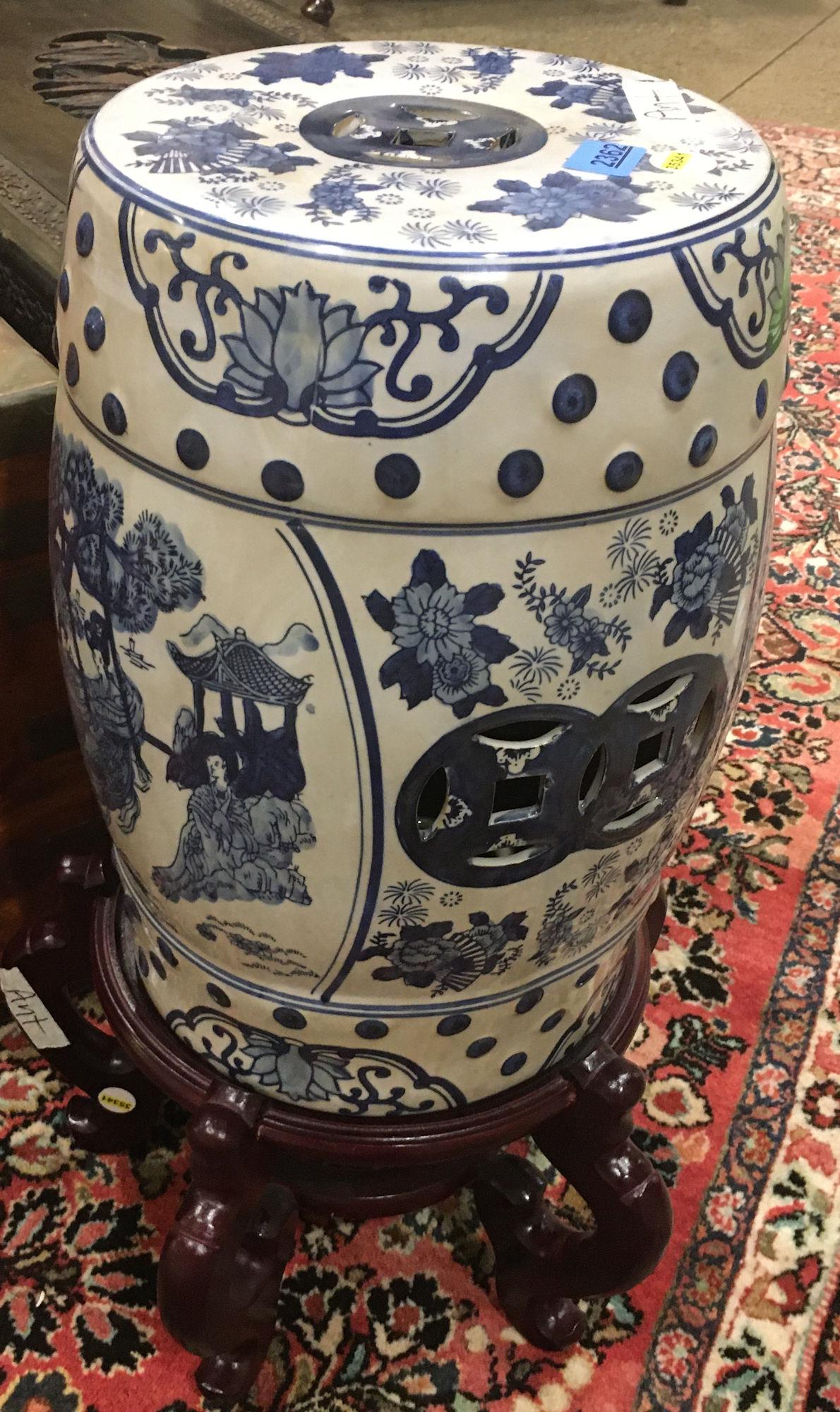 ASIAN PORCELAIN BLUE AND WHITE GARDEN SEAT ON PEDESTAL,: ASIAN PORCELAIN BLUE AND WHITE GARDEN SEAT ON PEDESTAL, 11" X 18"