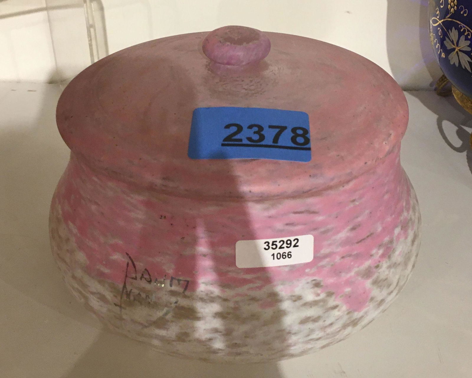 DAUM NANCY COVERED POWDER BOX. MARK WITH CROSS OF: DAUM NANCY COVERED POWDER BOX. MARK WITH CROSS OF LORRAINE EXTENDING DOWN FROM "N". 5.5" DIAMETER