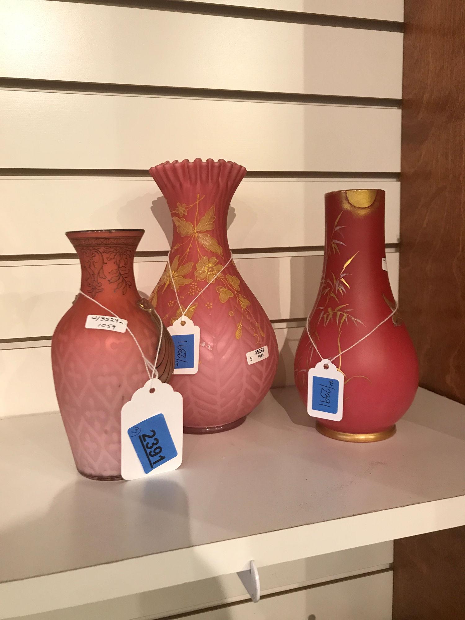 3 PIECES PINK CASED GLASS VASES. 6.5" - 9" H (1 of 1)