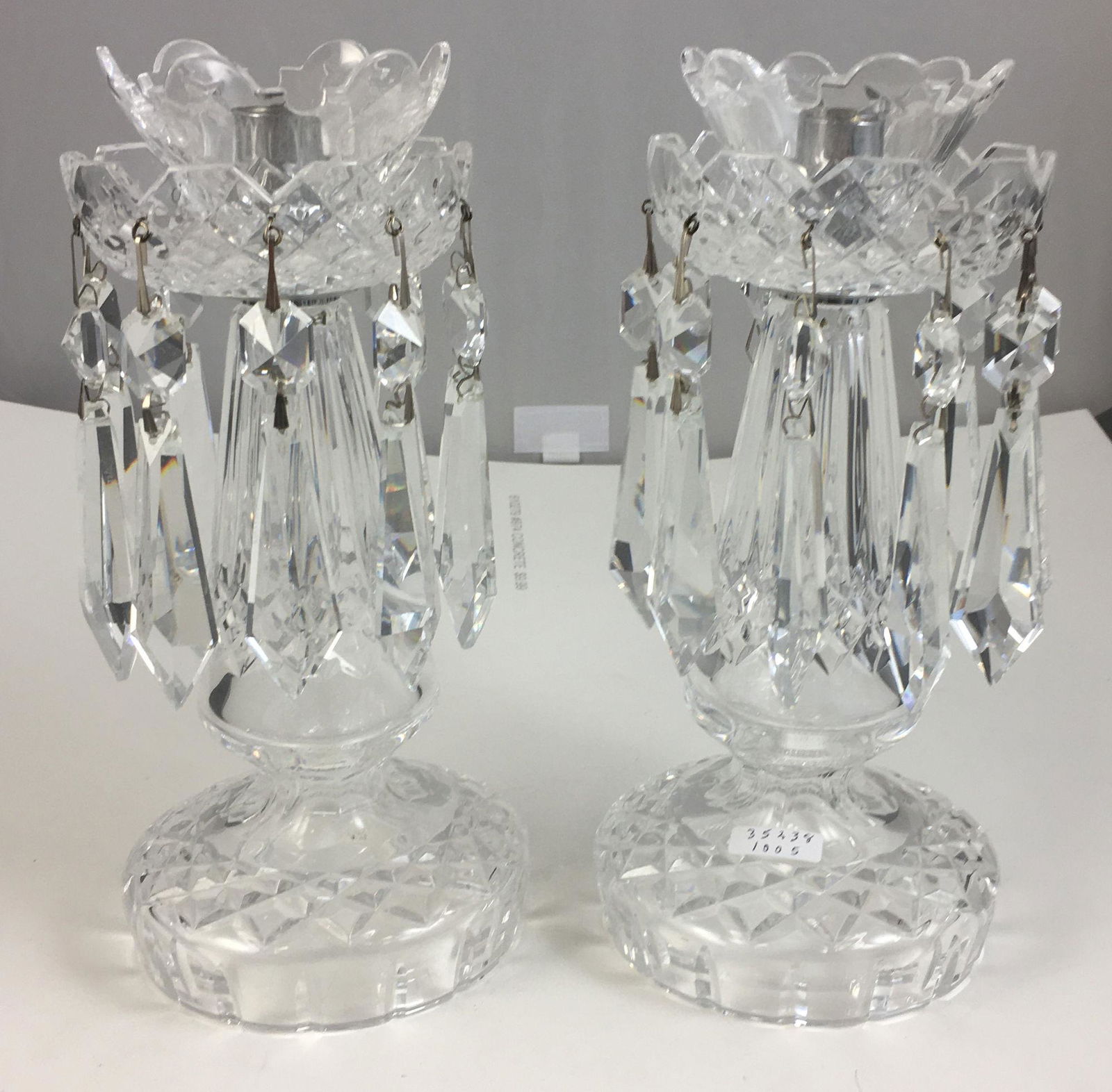 PAIR WATERFORD TALL CANDLESTICKS WITH PRISMS, 9.5"H (1 of 5)
