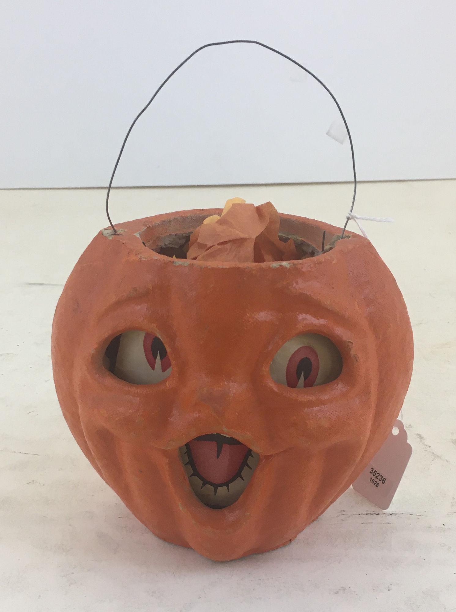 PAPER MACHE JACK O' LANTERN WITH WIRE HANDLE  6" TALL (1 of 4)