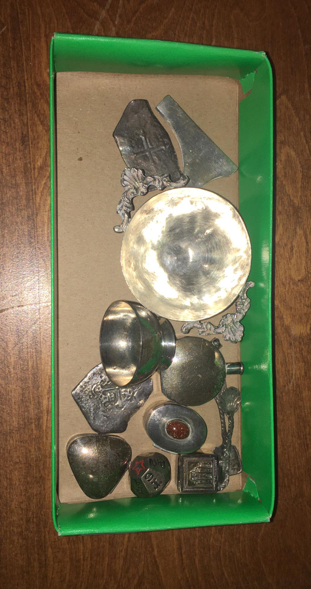 BOX LOT MINIATURE SILVER ITEMS INCLUDING MEXICAN SILVER (1 of 3)