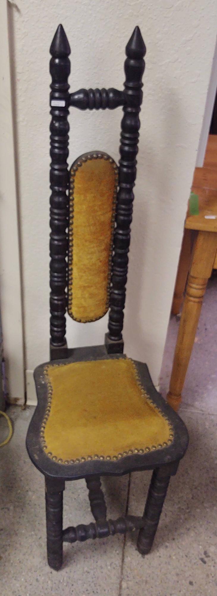 TALL SKINNY MOROCCAN CHAIR, DAMAGE TO CORNER OF SEAT: TALL SKINNY MOROCCAN CHAIR, DAMAGE TO CORNER OF SEAT