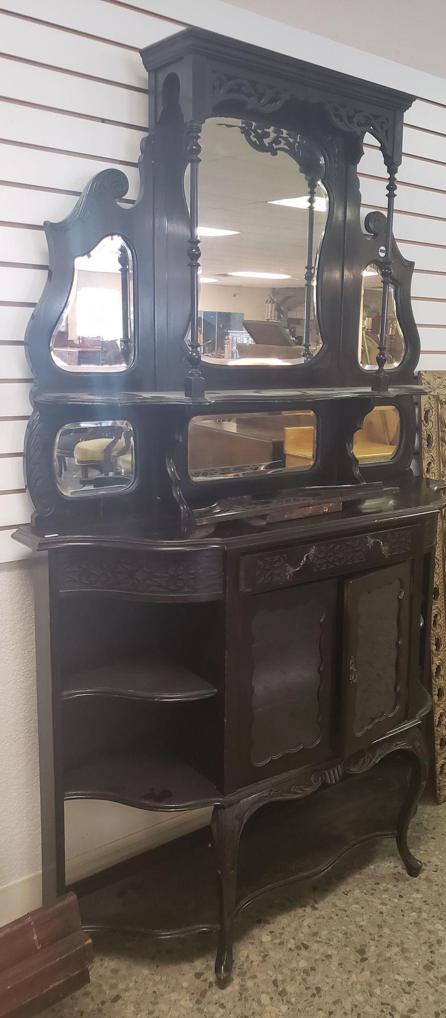 TURN OF THE CENTURY ETAGERE WITH SHAPED BEVELED MIRROR (1 of 1)