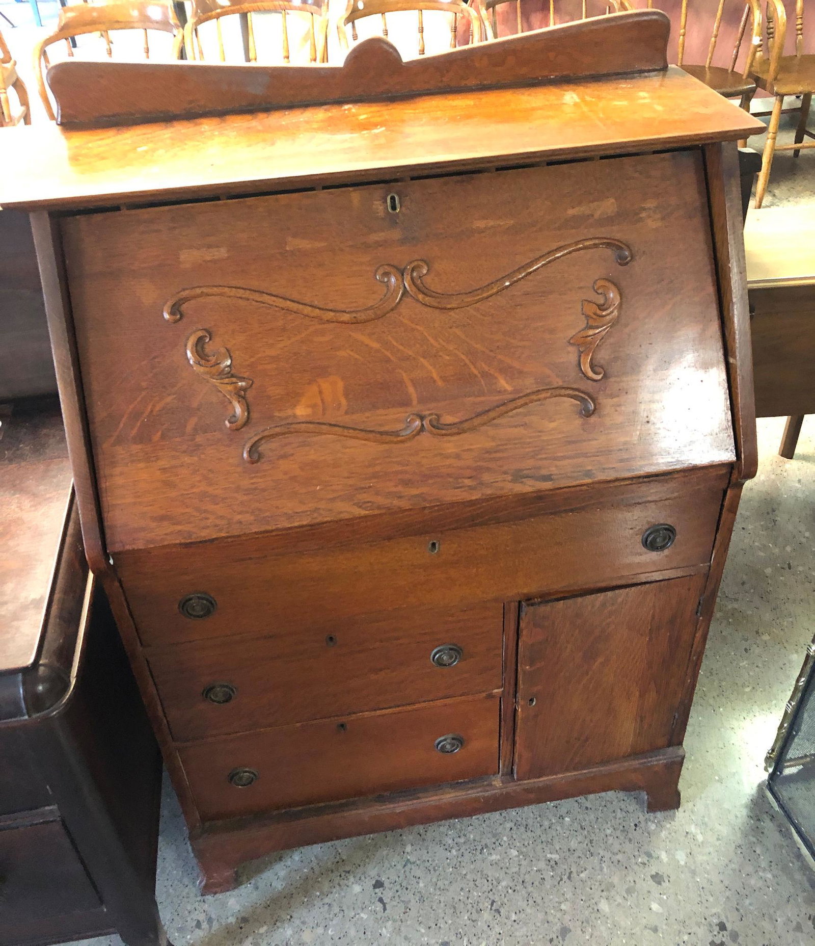 OAK THREE DRAWER ONE DOOR SECRETARY DESK (1 of 2)
