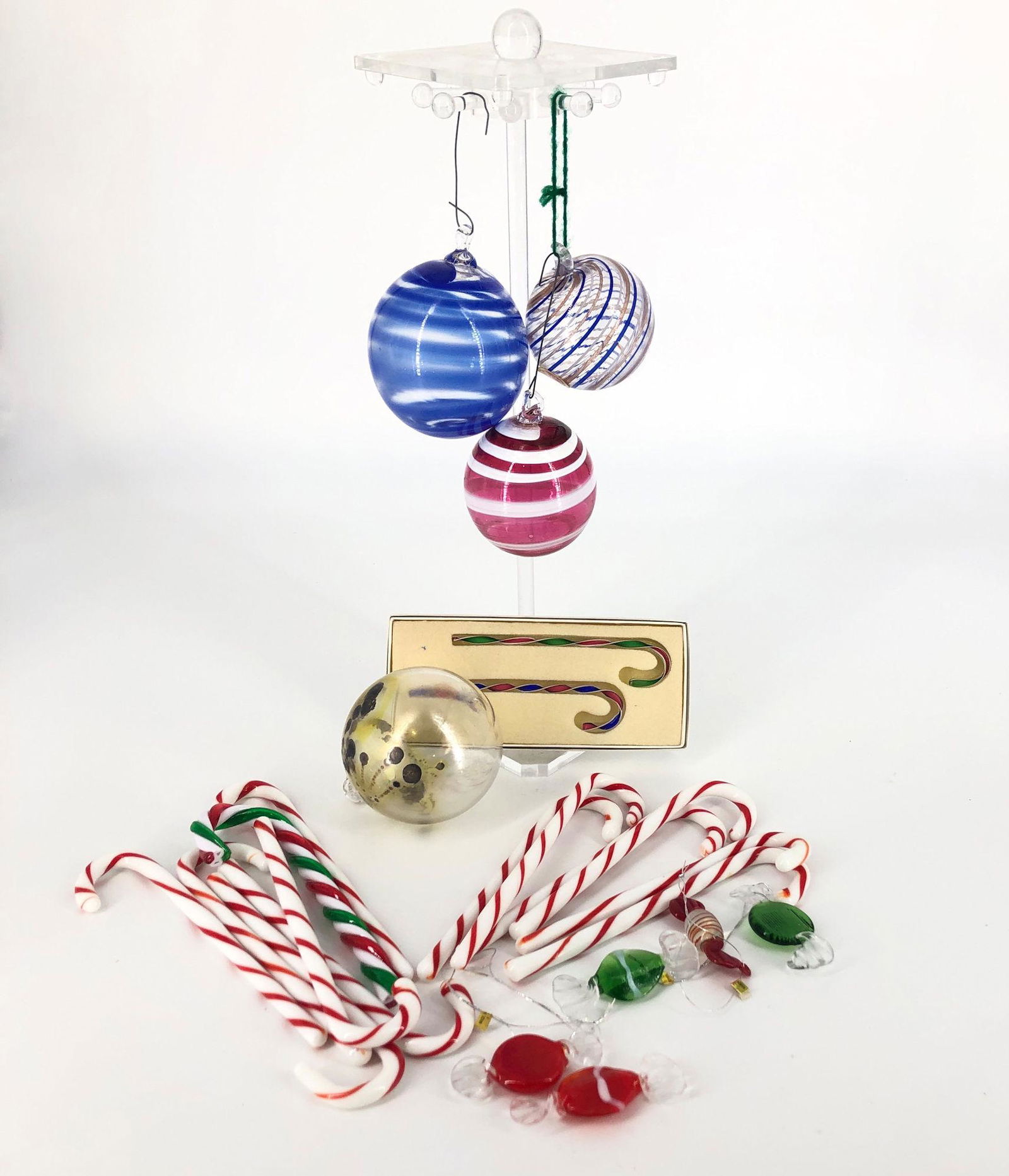 BOX LOT CHRISTMAS INCLUDING GLASS BALLS AND 6.5" CANDY: BOX LOT CHRISTMAS INCLUDING GLASS BALLS AND 6.5" CANDY CANES