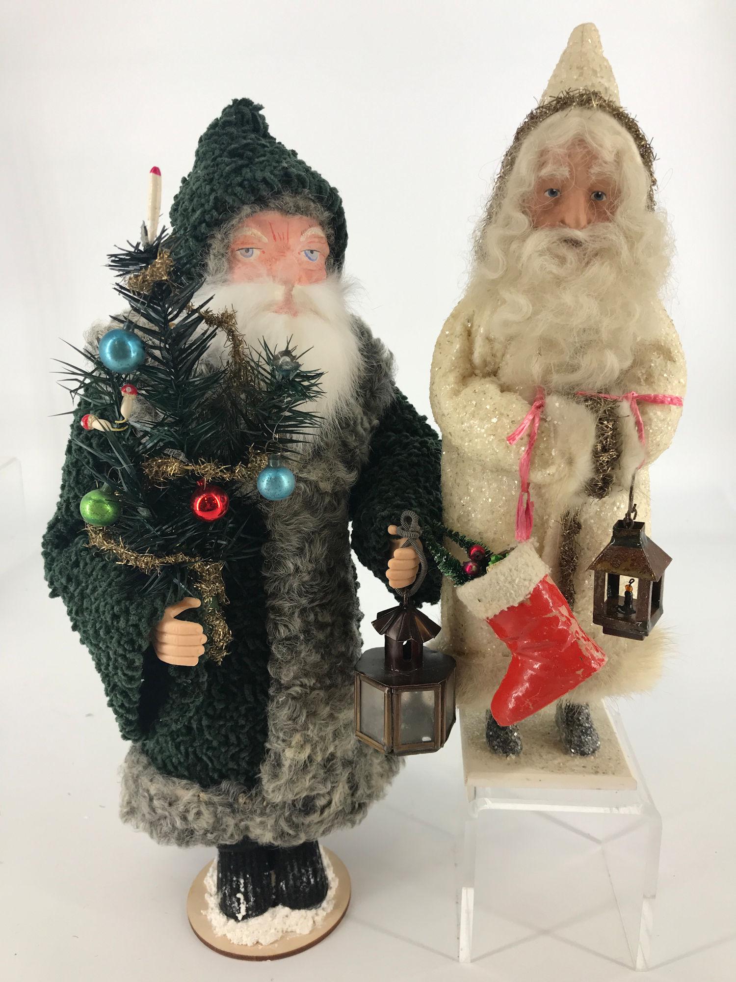 BOX LOT CHRISTMAS INCLUDING 7" ARTIST SIGNED VINTAGE: BOX LOT CHRISTMAS INCLUDING 7" ARTIST SIGNED VINTAGE SANTA AND GREEN VINTAGE SANTA