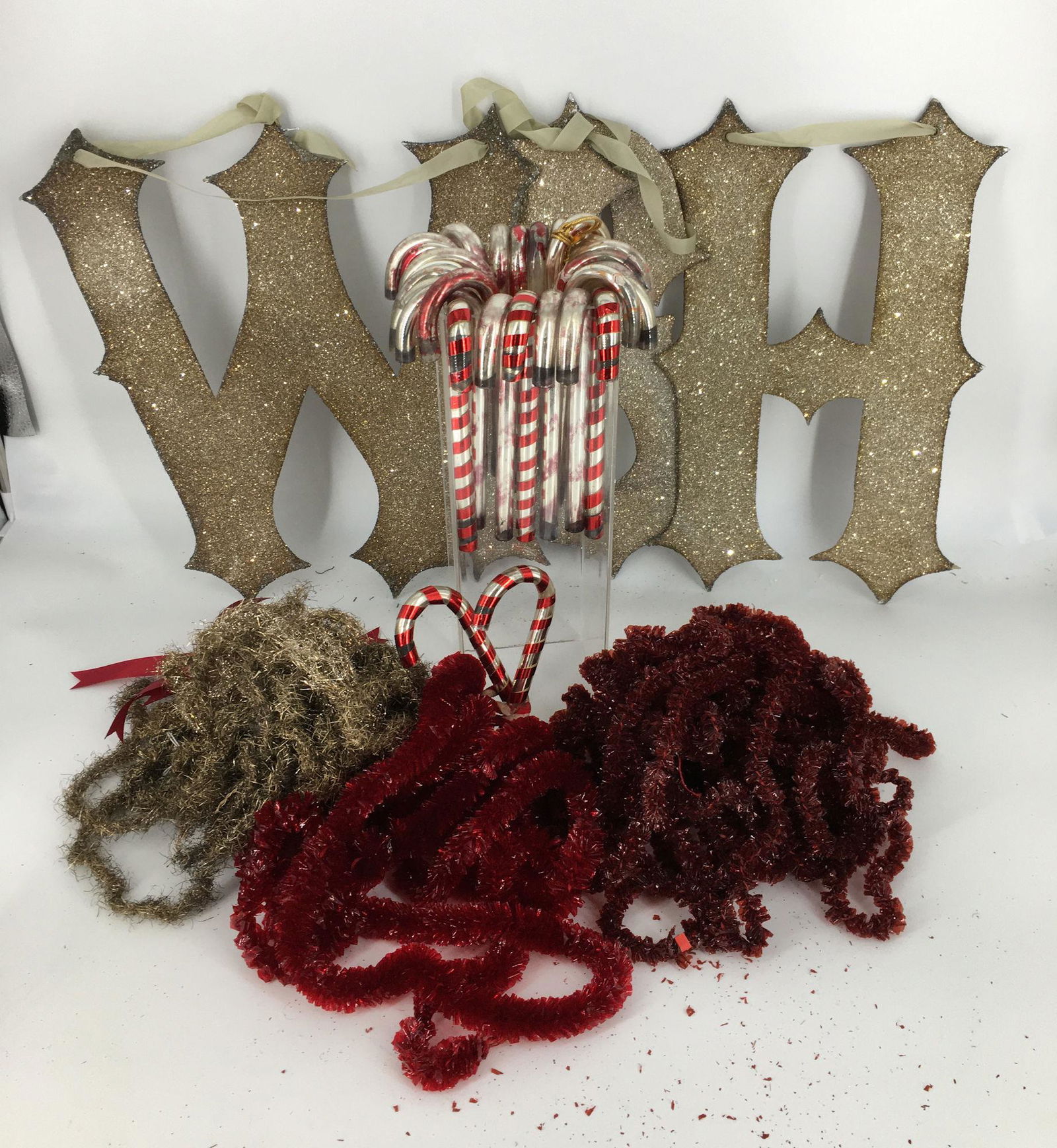 BOX LOT CHRISTMAS INCLUDING VINTAGE SILVER GARLAND, (1 of 2)