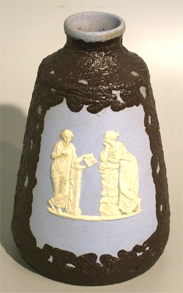 BLUE JASPERWARE VASE W/HEAVY BROWN DECORATION, 9