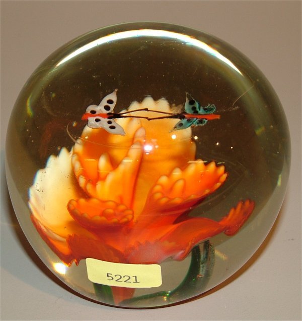ART GLASS PAPERWEIGHT BUTTERFLY & ORANGE FLORAL,