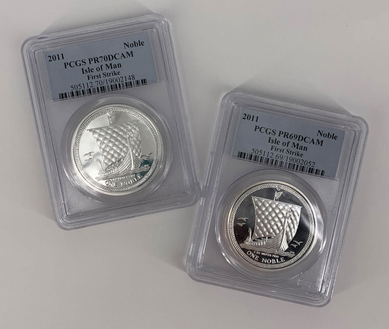 TWO ISLE OF MAN 1 OZ FINE SILVER PROOF COINS (1 of 8)