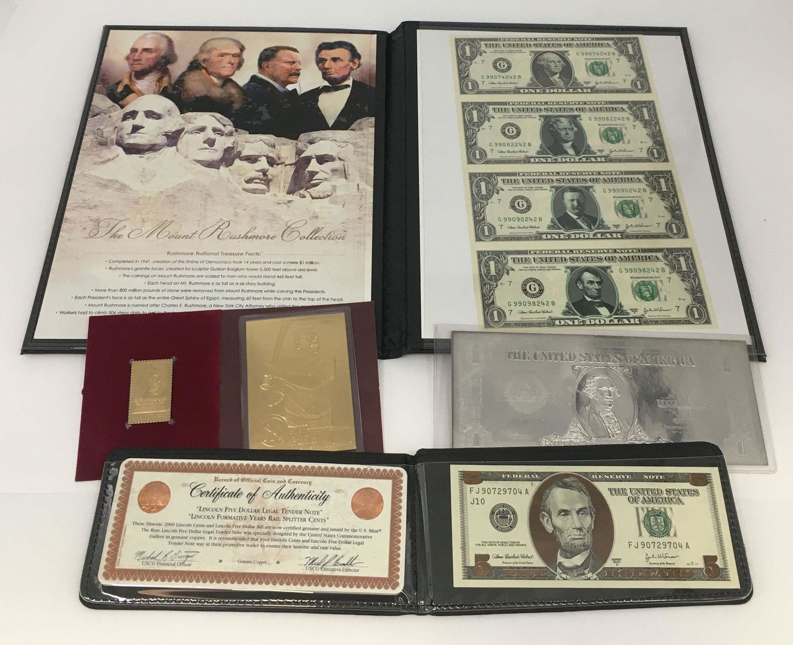 LINCOLN $5 FEDERAL RESERVE NOTE, 4 - $1 BILLS, GOLD AND (1 of 5)