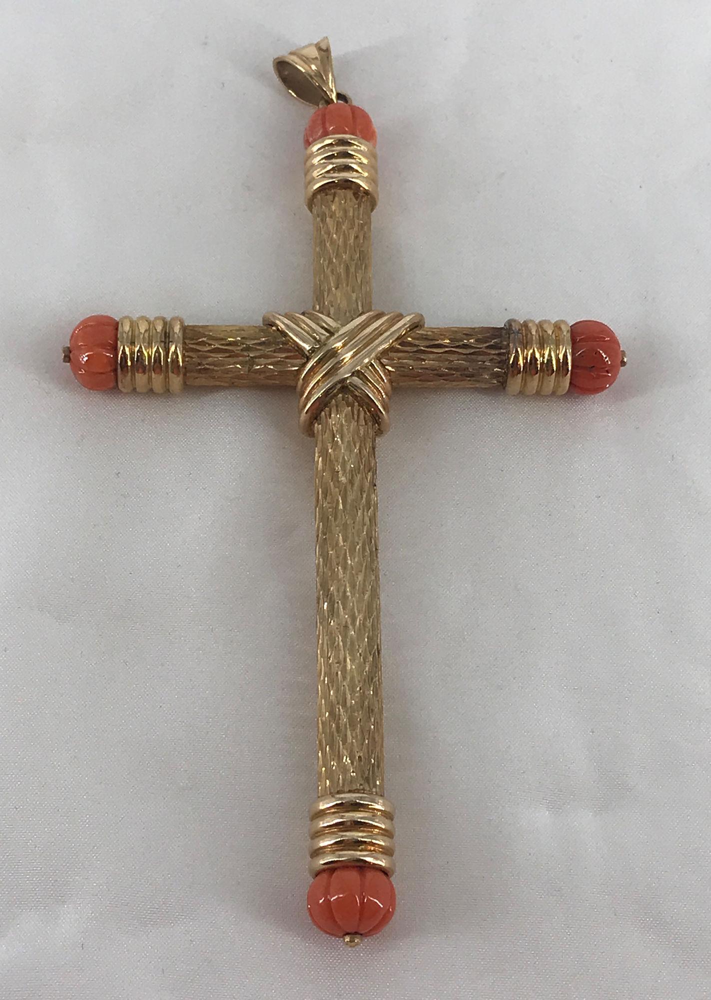 14KT YELLOW GOLD CROSS PENDANT WITH CORAL ACCENTS (1 of 7)