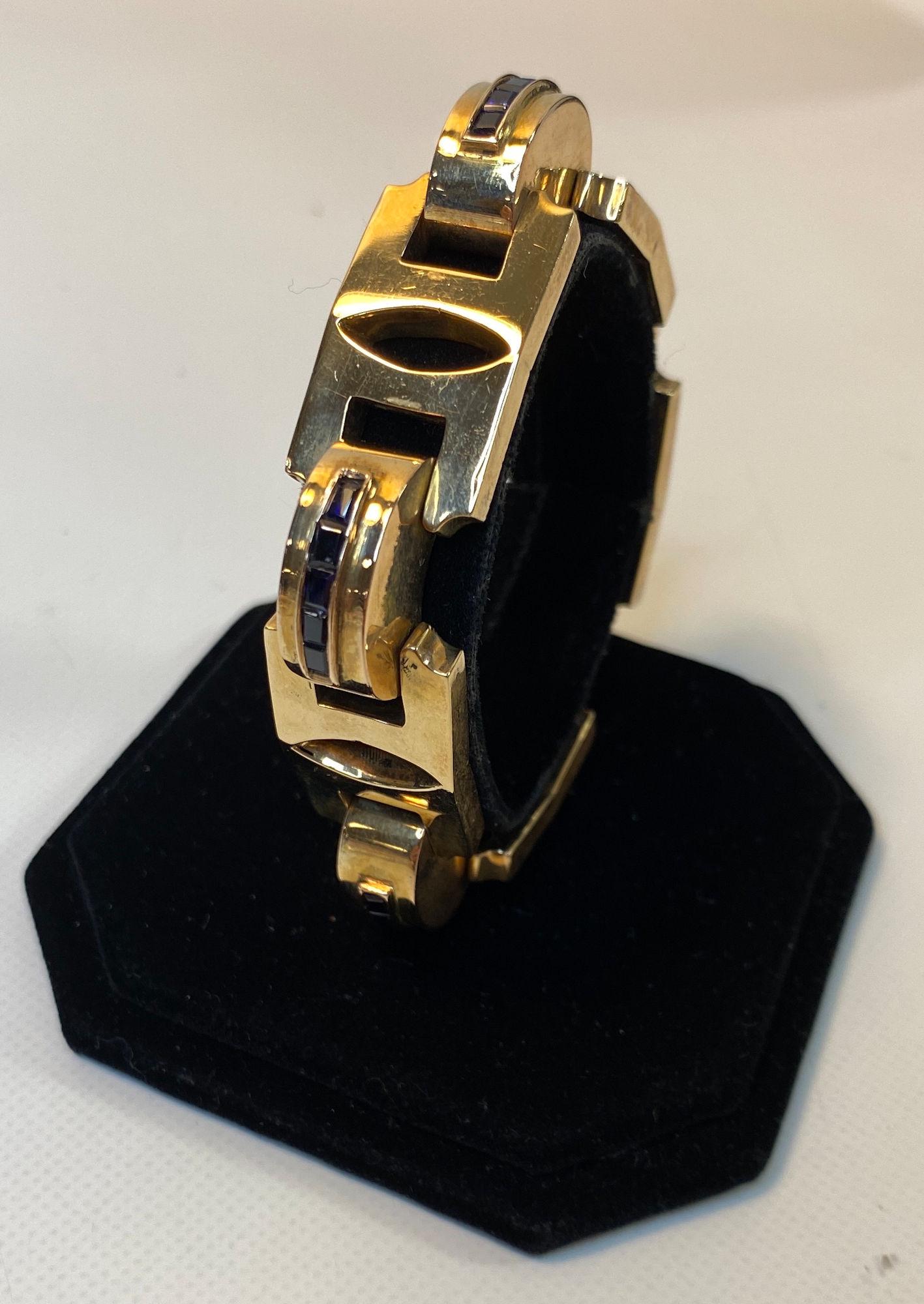 ART DECO HEAVY LINK YELLOW GOLD AND SAPPHIRE BRACELET (1 of 16)