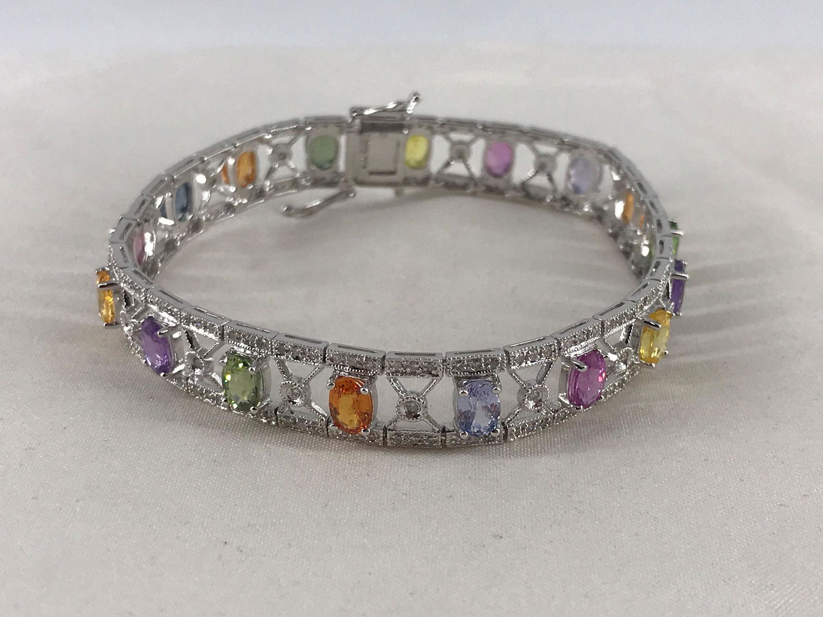 14KT WHITE GOLD DIAMOND AND GEMSTONE BRACELET ~7.125" (1 of 4)