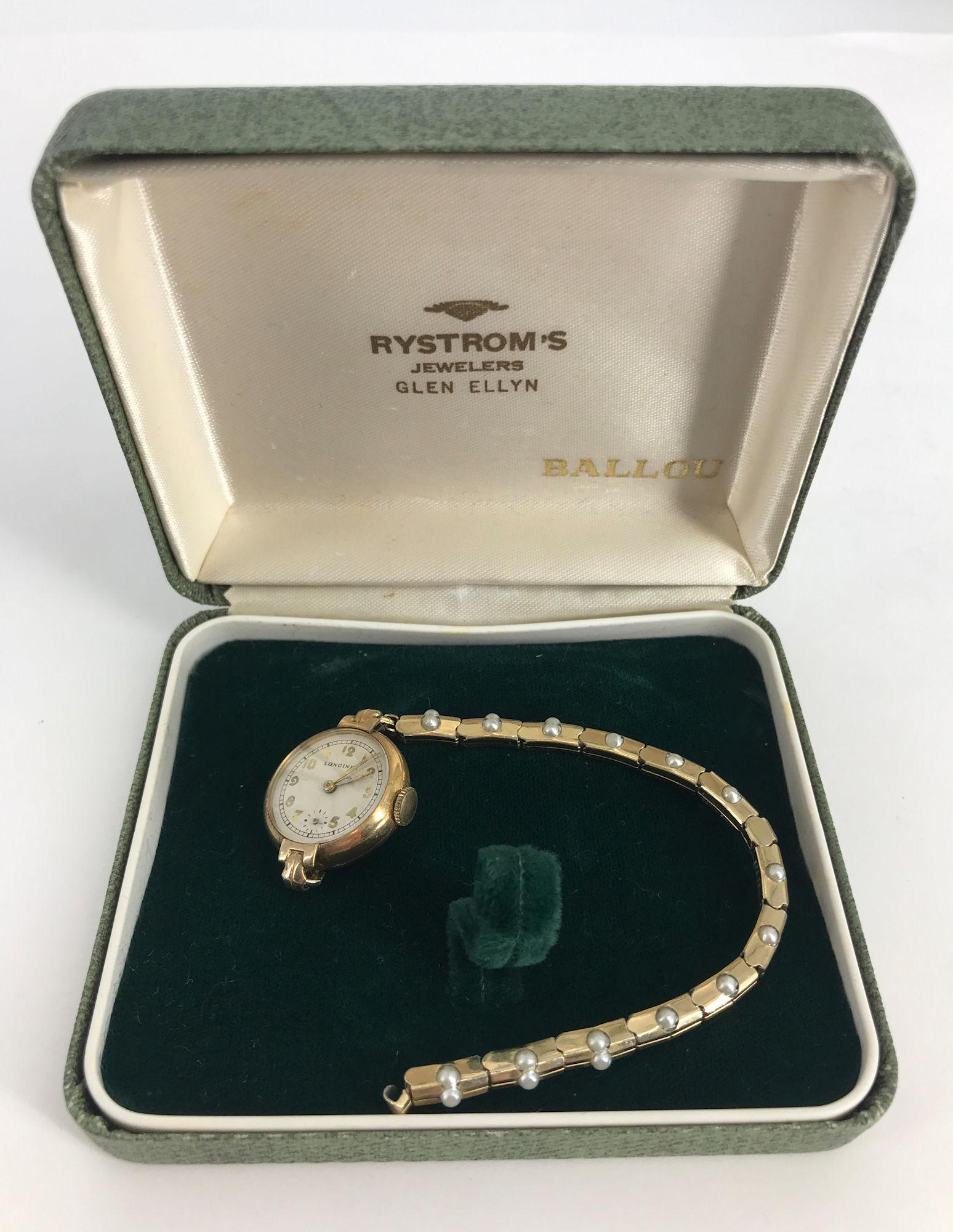 VINTAGE LADIES WRIST WATCH: VINTAGE LADIES WRIST WATCH ~ 10KT GOLD FILLED LADIES WRIST WATCH FROM LONGINES, STRETCH BAND WITH FAUX SEED PEARL ACCENTS, 17 JEWEL MOVEMENT, WINDS AND SETS AT TIME OF LISTING, IN BOX