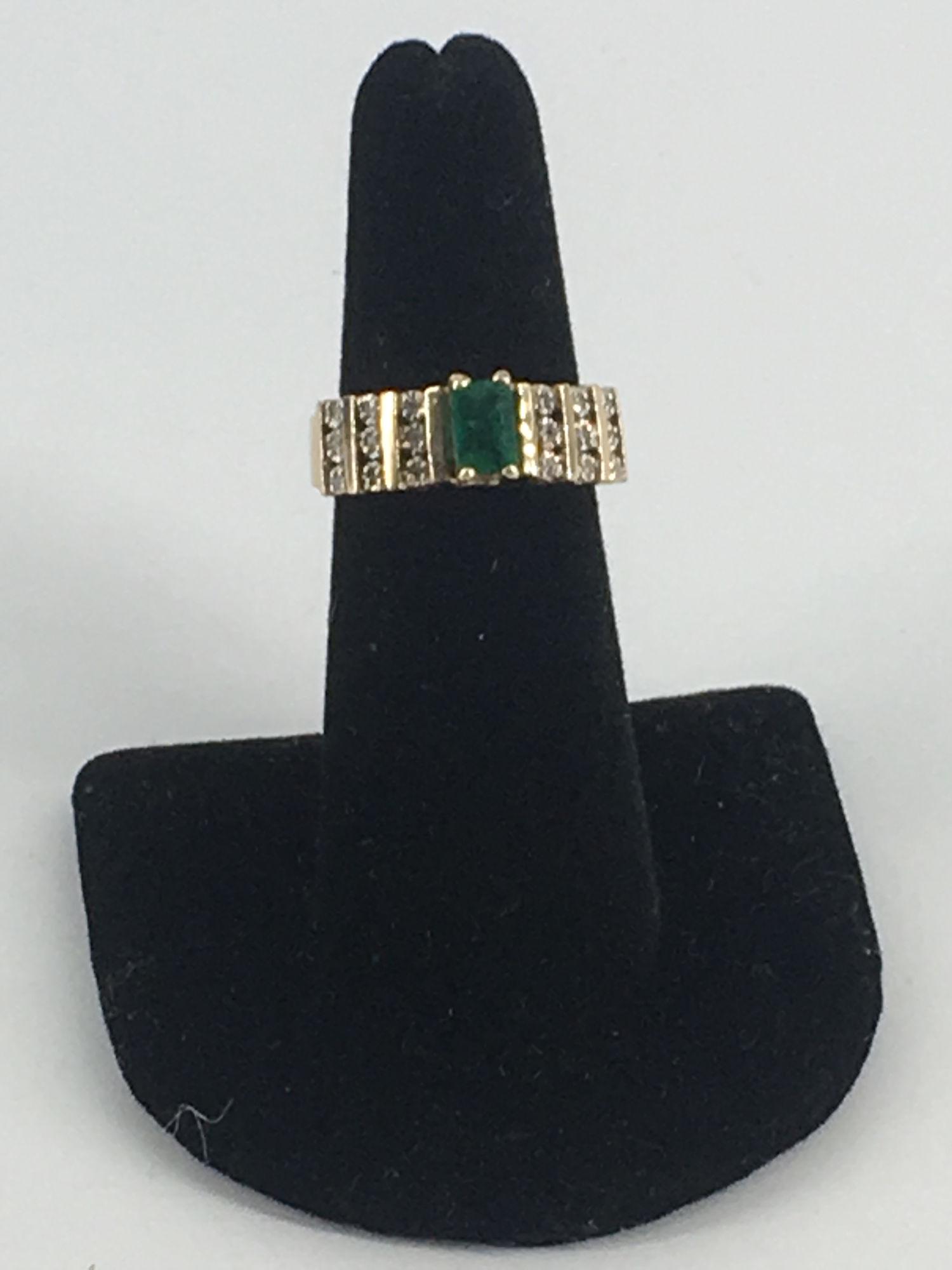 14KT YELLOW GOLD EMERALD AND DIAMOND RING ~ SIZE 6, (1 of 2)