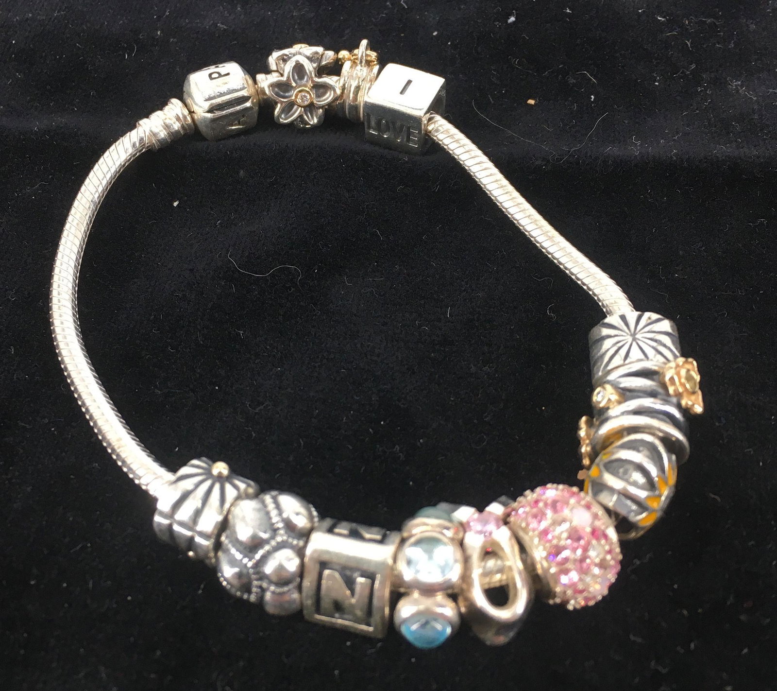 STERLING SILVER PANDORA BRACELET WITH DIAMOND CHARMS (1 of 4)