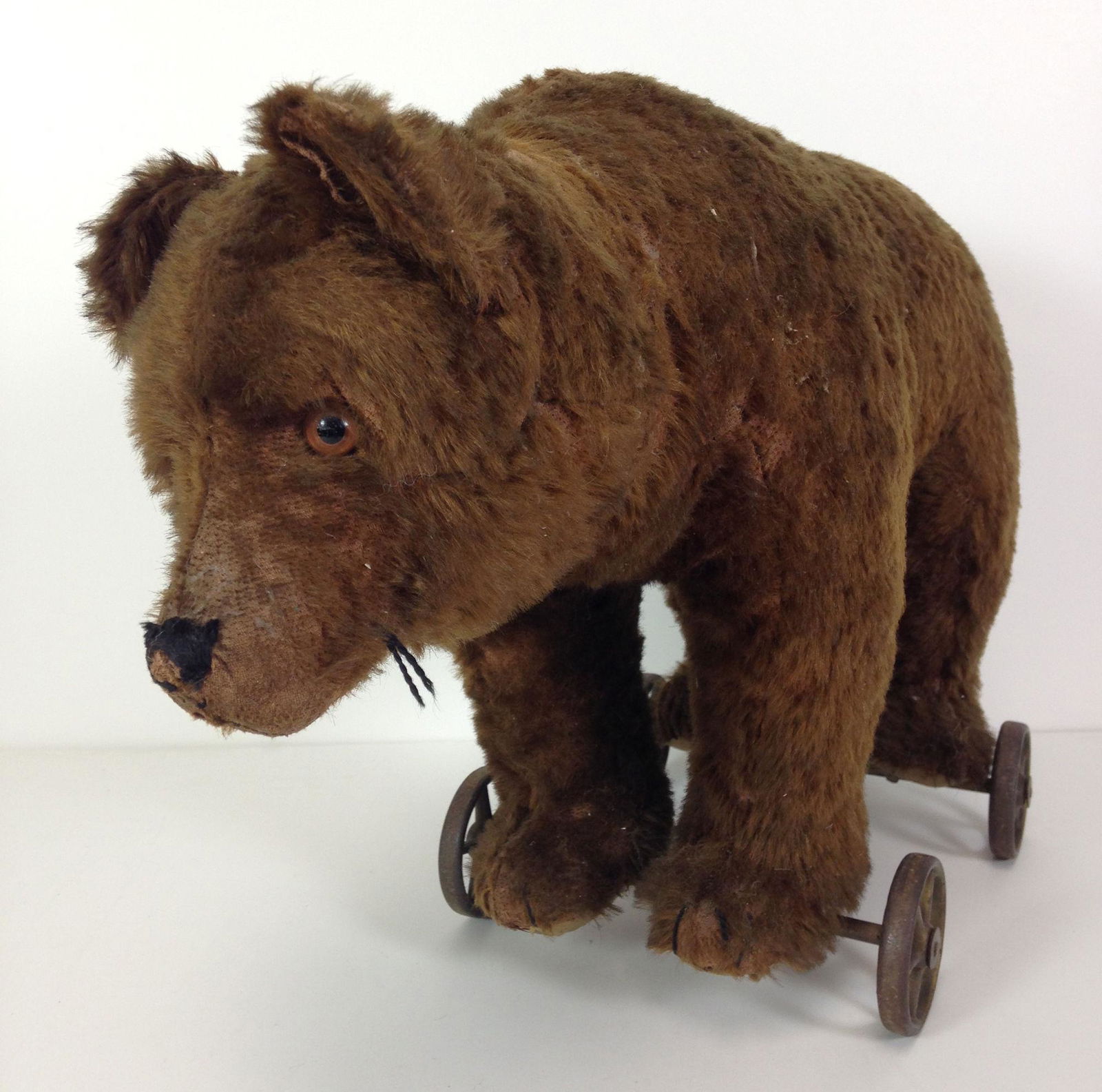 EARLY BEAR PULL TOY. UNJOINTED, DARK BROWN MOHAIR, (1 of 5)