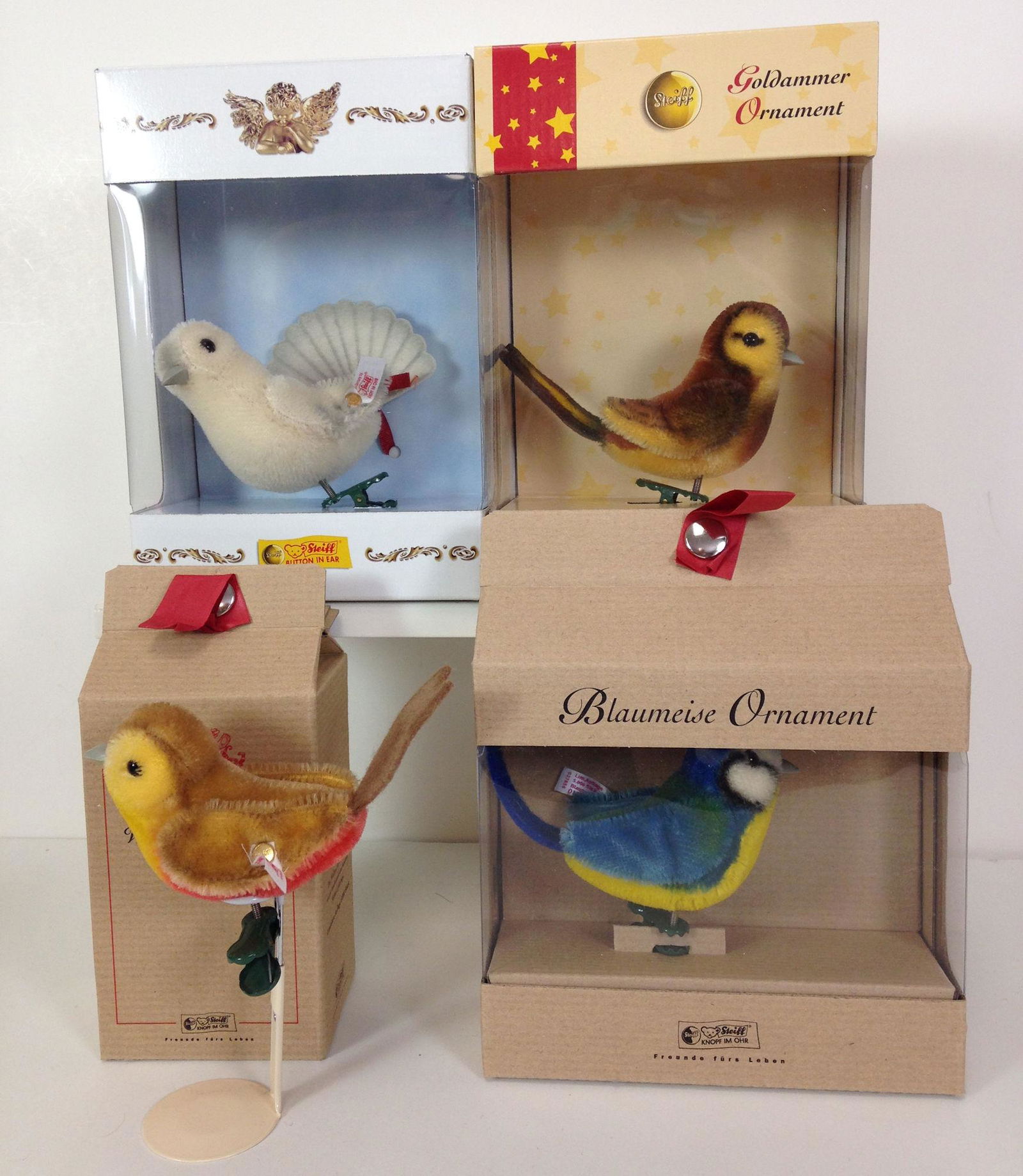 (4) STEIFF CLIP-ON CHRISTMAS TREE BIRD ORNAMENTS. (1 of 1)