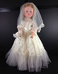 30" VINTAGE UNMARKED VINYL WALKING BRIDE DOLL IN: 30" VINTAGE UNMARKED VINYL WALKING BRIDE DOLL IN ORIGINAL GOWN, VEIL, BOUQUET AND SHOES.