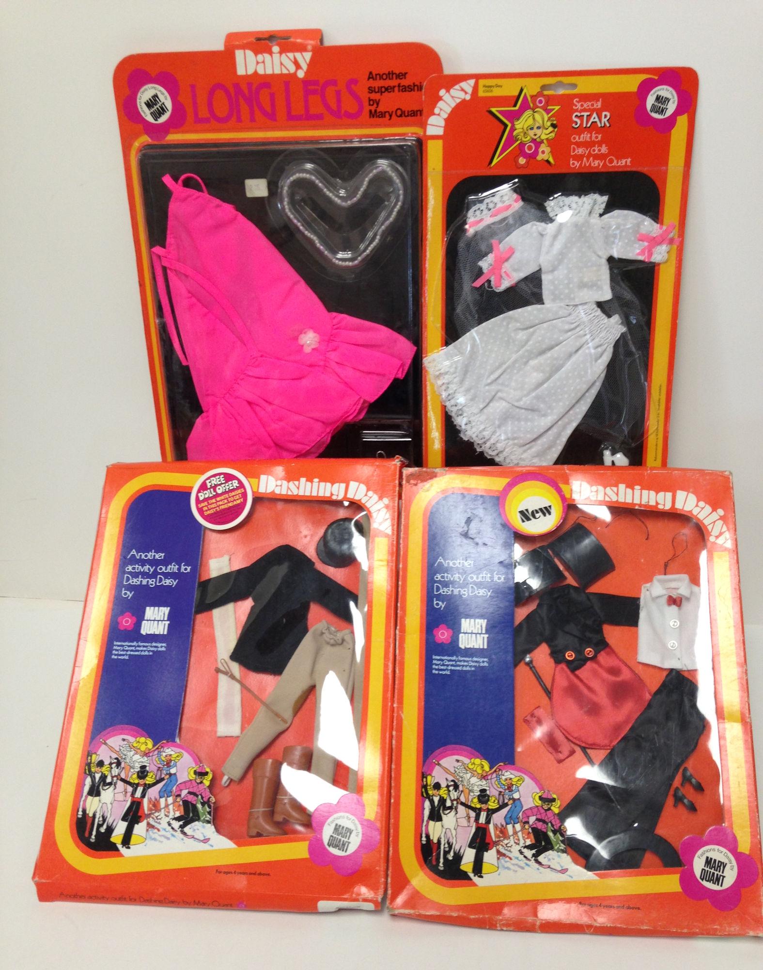(4) DAISY FASHIONS BY MARY QUANT. INCLUDES "SUGARPIE": (4) DAISY FASHIONS BY MARY QUANT. INCLUDES "SUGARPIE" #65415 (FOR DAISY LONG LEGS), "SHOWBIZ" #65804 (ACTIVITY OUTFIT FOR DASHING DAISY), "GYMKHANA" #65805 (ACTIVITY OUTFIT FOR DASHING DAISY) AND "HAP