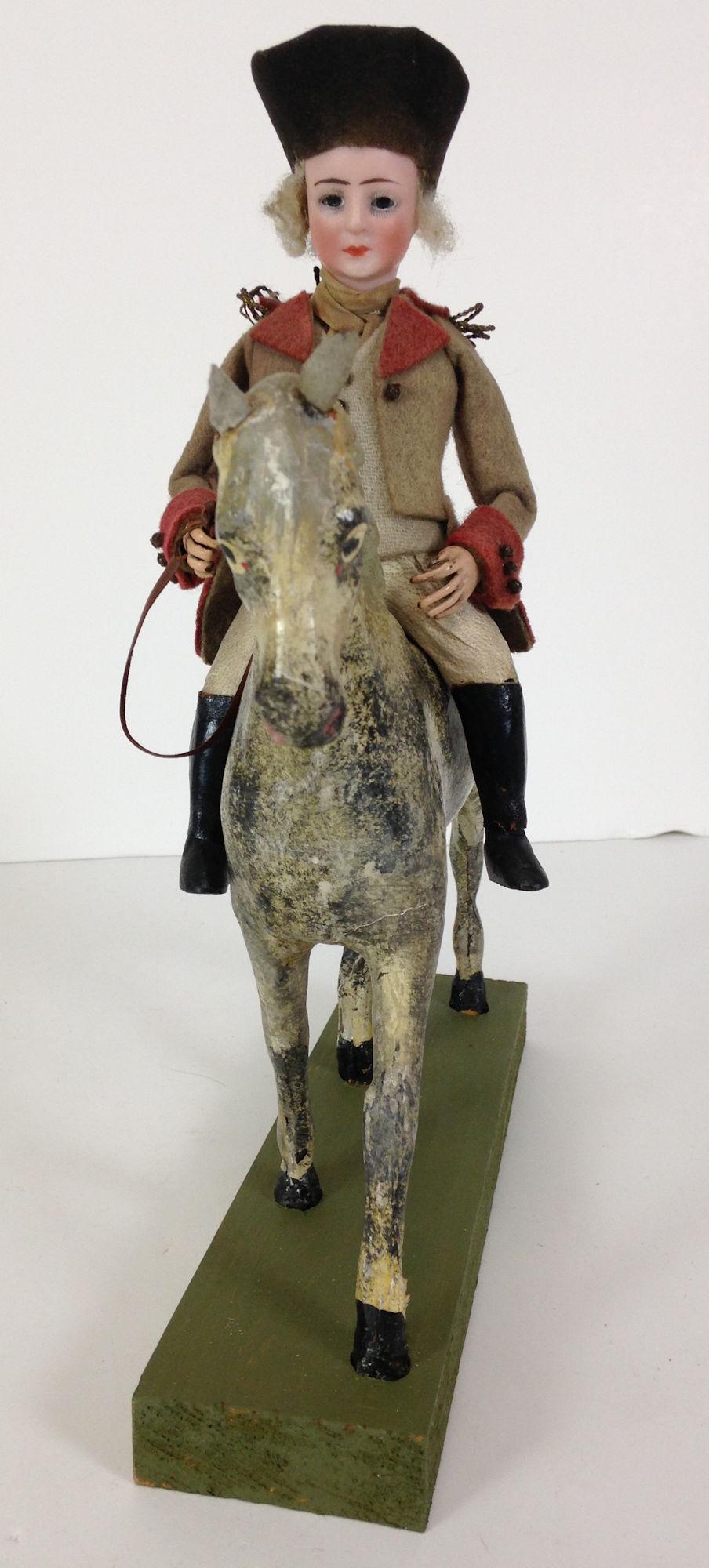 GERMAN BISQUE HEAD MAN ON HORSEBACK. MOHAIR WIG, SET (1 of 6)