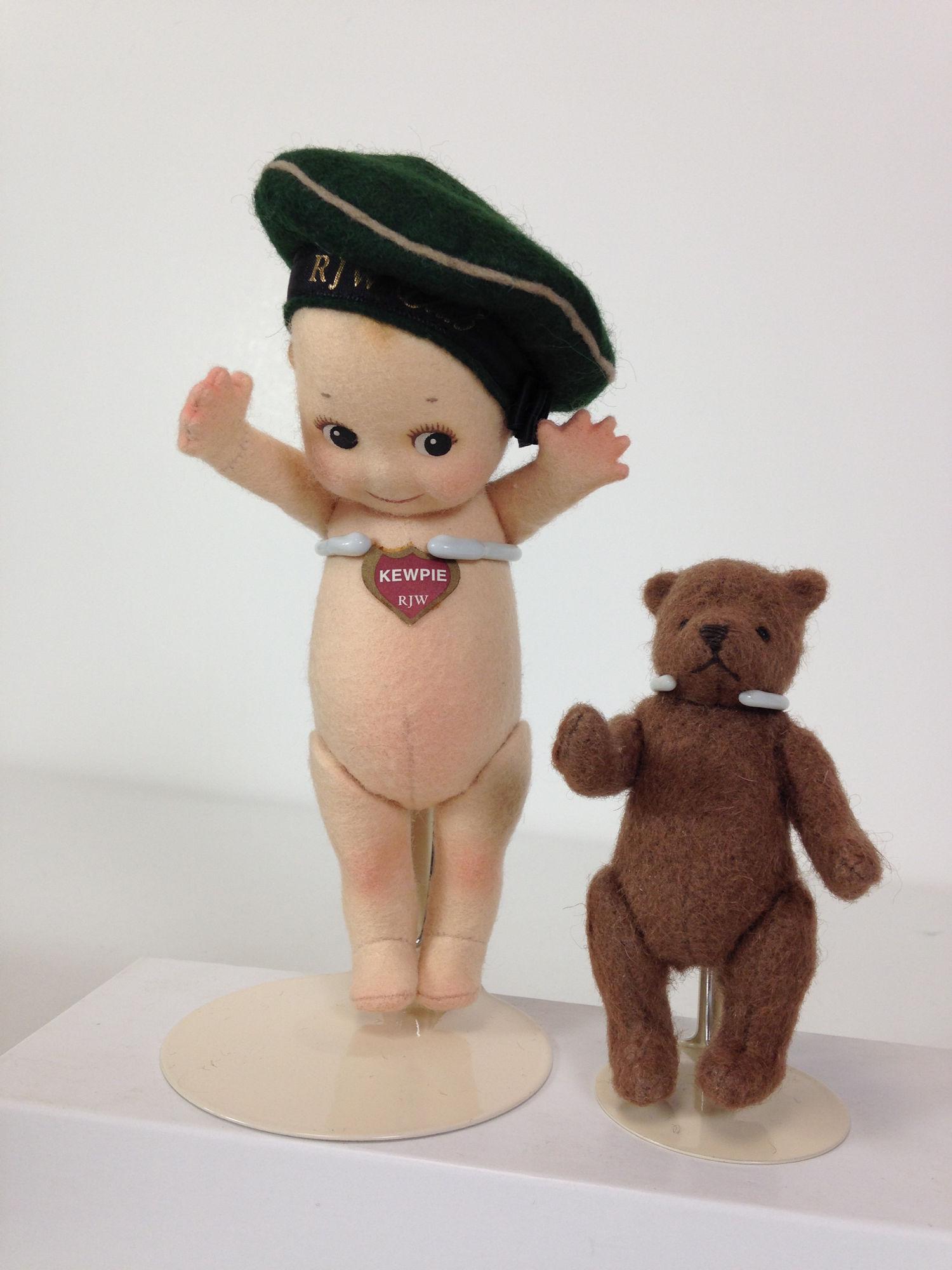 R. JOHN WRIGHT COLLECTOR CLUB EXCLUSIVE "KEWPIE &: R. JOHN WRIGHT COLLECTOR CLUB EXCLUSIVE "KEWPIE & TEDDY". 6" ALL FELT KEWPIE AND 4" MOHAIR BEAR IN ORIGINAL BOX WITH COA; LTD ED. #007/520.