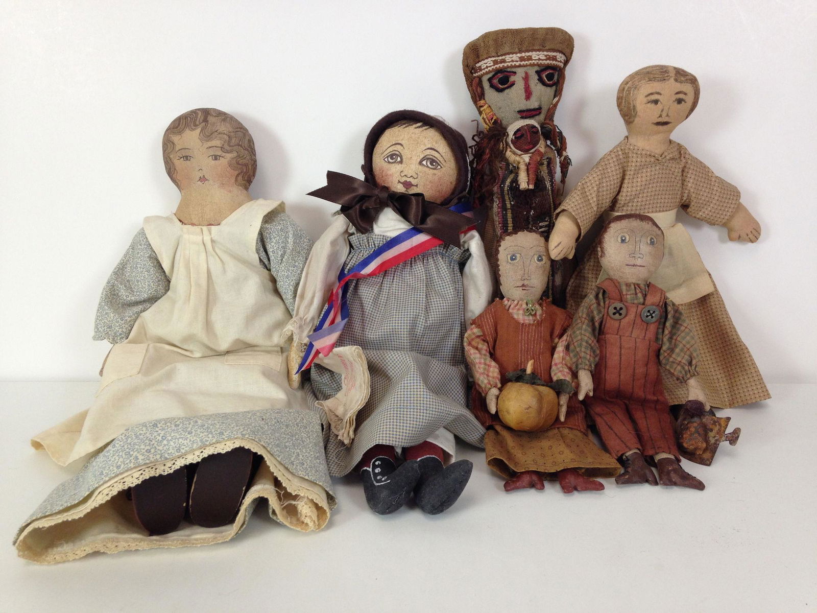 LOT (6) CONTEMPORARY CLOTH DOLLS. INCLUDES 8 1/2" PAIR (1 of 1)