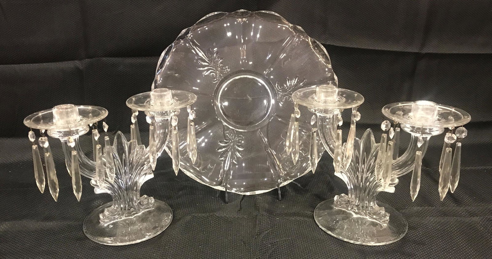 BOX LOT OF FOSTORIA TO INCLUDE BAROQUE 14" PLATTER AND: BOX LOT OF FOSTORIA TO INCLUDE BAROQUE 14" PLATTER AND PAIR OF 2-LIGHT CANDELABRAS WITH PRISMS AND BOBECHES.