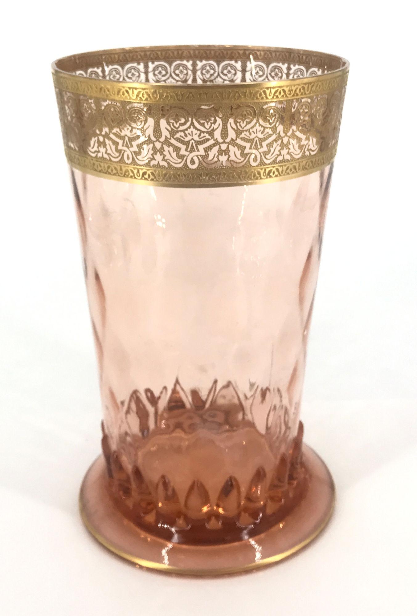 HEISEY OPTIC TOOTH FLAMINGO DIAMOND OPTIC 10Â¼" VASE: HEISEY OPTIC TOOTH FLAMINGO DIAMOND OPTIC 10¼" VASE WITH WHEELING GOLD DECORATED BAND ON RIM AND GOLD BAND BASE. CHIP ON RIM.