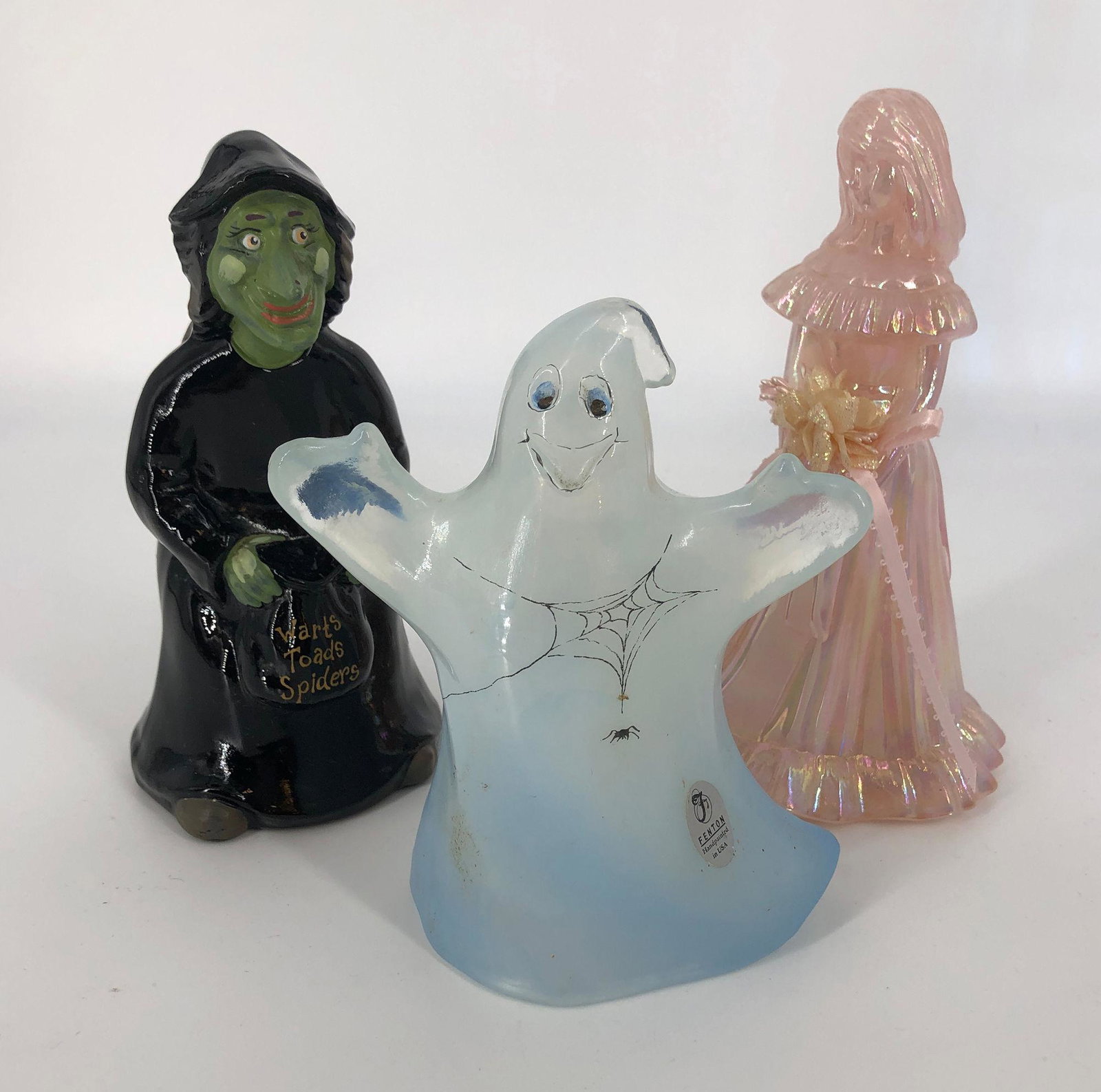 BOX LOT FENTON FIGURINES INCLUDING A 7" PINK OPALESCENT: BOX LOT FENTON FIGURINES INCLUDING A 7" PINK OPALESCENT BRIDESMAID WITH FLOWERS, AND A 6½" WITCH.