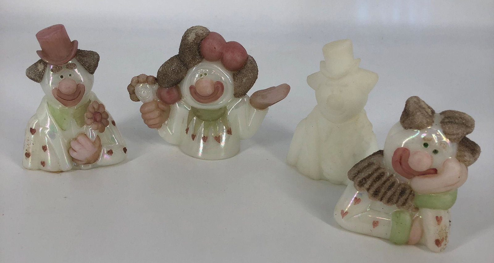 BOX LOT FENTON CLOWNS, 3 WITH SAND TEXTURED HAIR AND: BOX LOT FENTON CLOWNS, 3 WITH SAND TEXTURED HAIR AND ORIGINAL STICKERS.