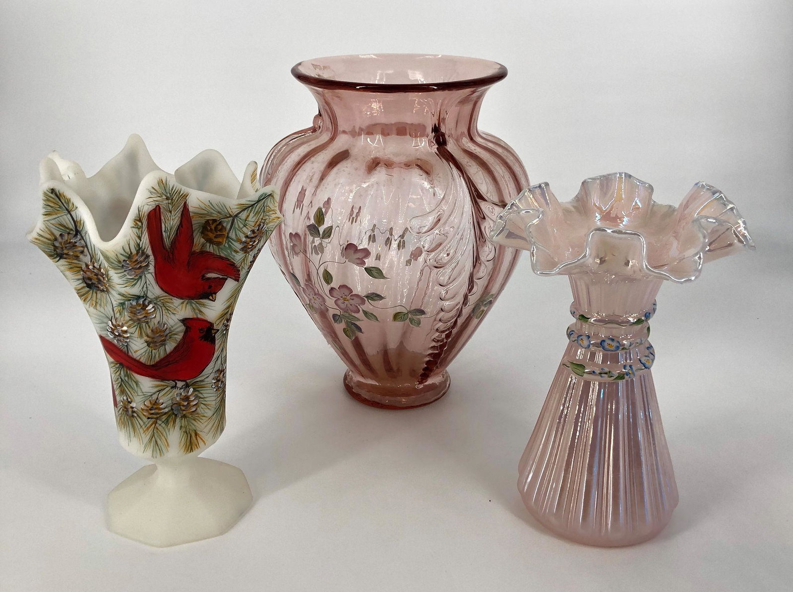 FENTON 3 PC. LOT OF VASES (7.25"-9.25") INCLUDING: FENTON 3 PC. LOT OF VASES (7.25"-9.25") INCLUDING HANDPAINTED CARDINAL ON PINE TREE.