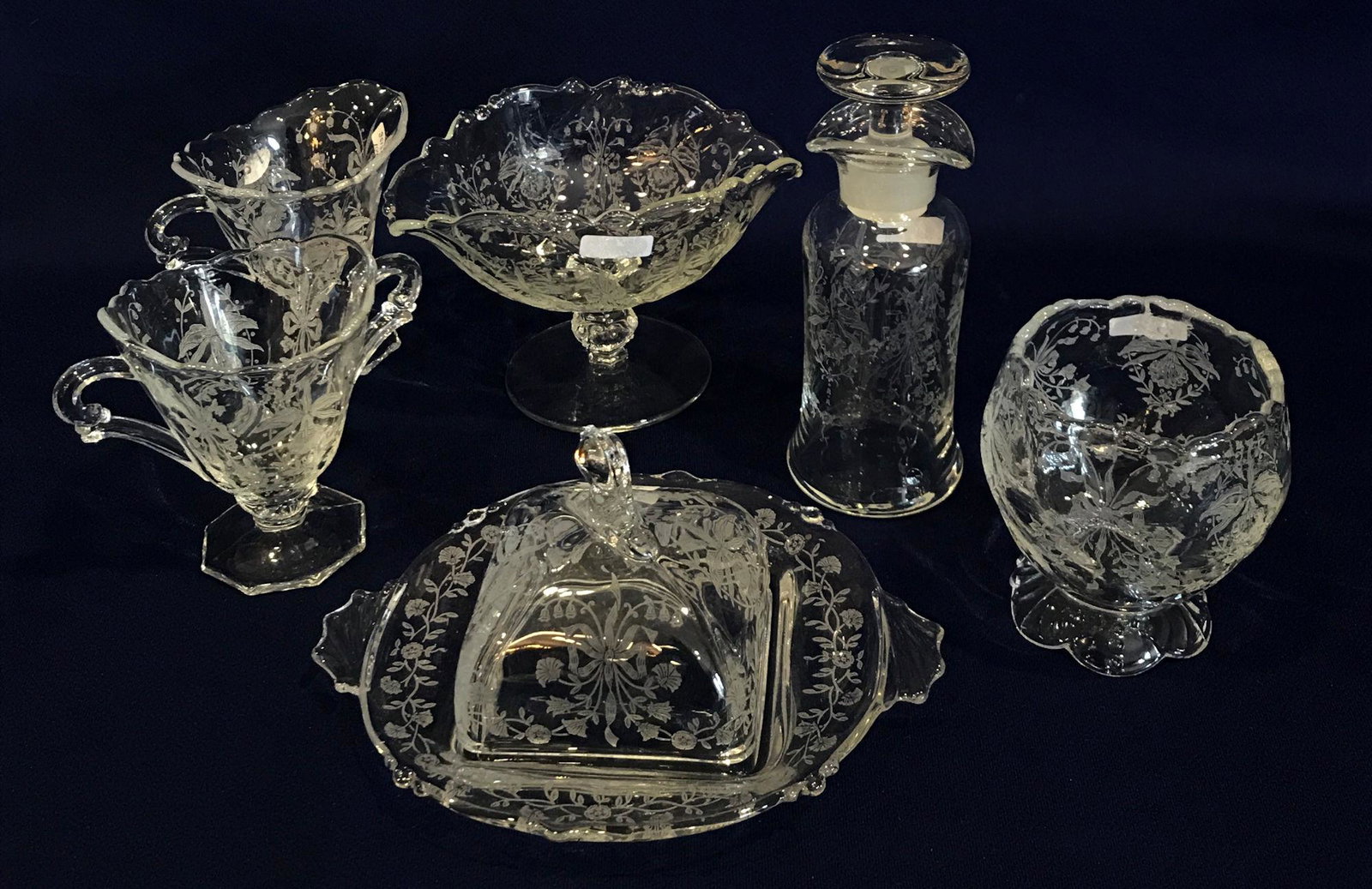 HEISEY 5 PIECE LOT ORCHID ETCH INCLUDING VIOLET VASE: HEISEY 5 PIECE LOT ORCHID ETCH INCLUDING VIOLET VASE (H), SEA HORSE COVVERED BUTTER, OVAL FOOTED NUT, FRENCH DRESSING BOTTLE AND CREAM AND SUGAR (H).