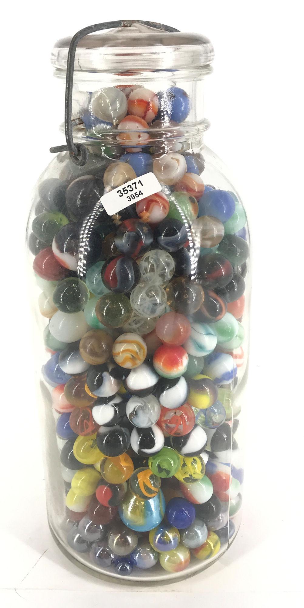 10Â½" TALL VINTAGE GLASS JAR OF MACHINE MADE MARBLES, (1 of 1)