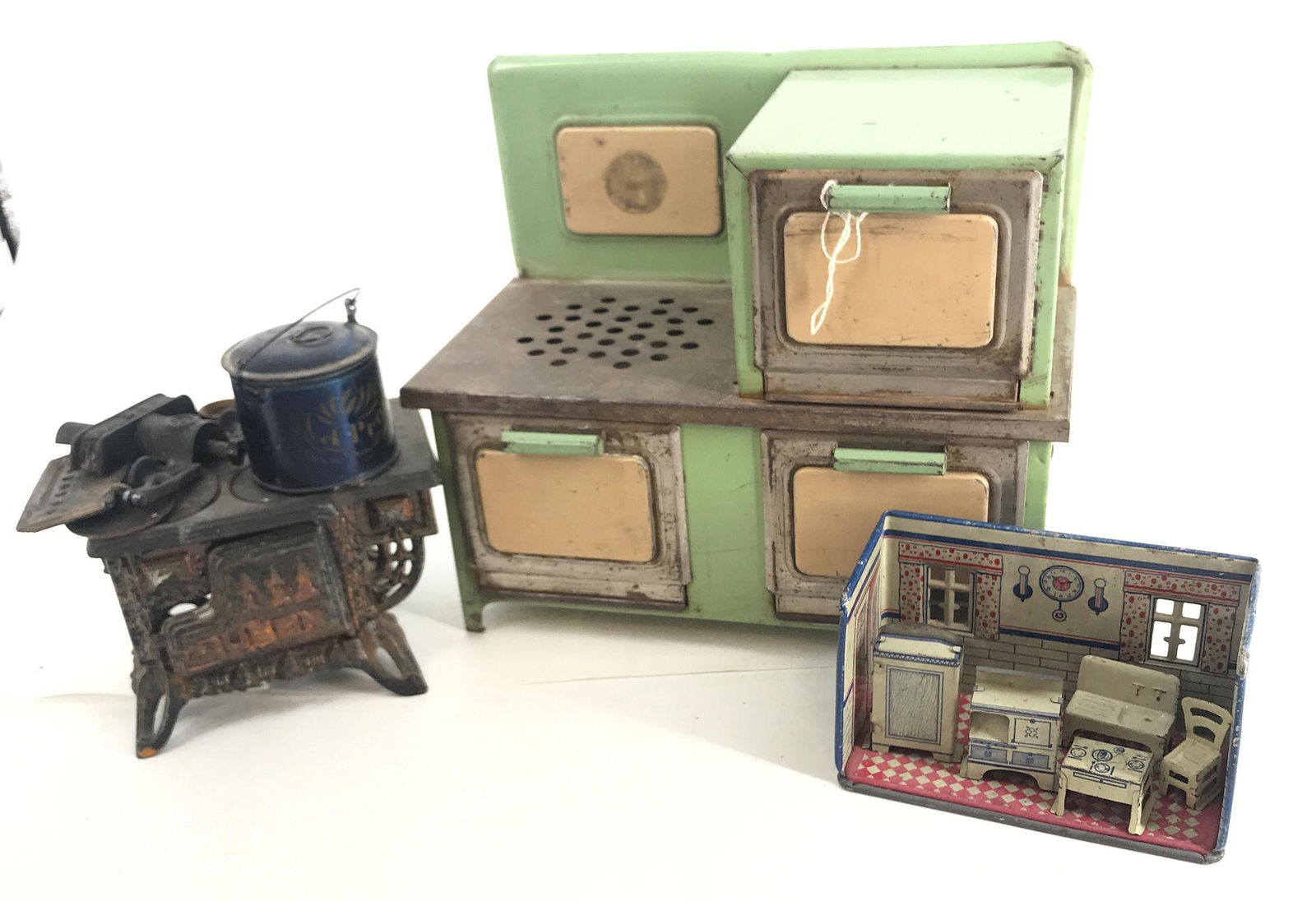 BOX LOT TIN AND CAST IRON TOY STOVES (1 of 1)