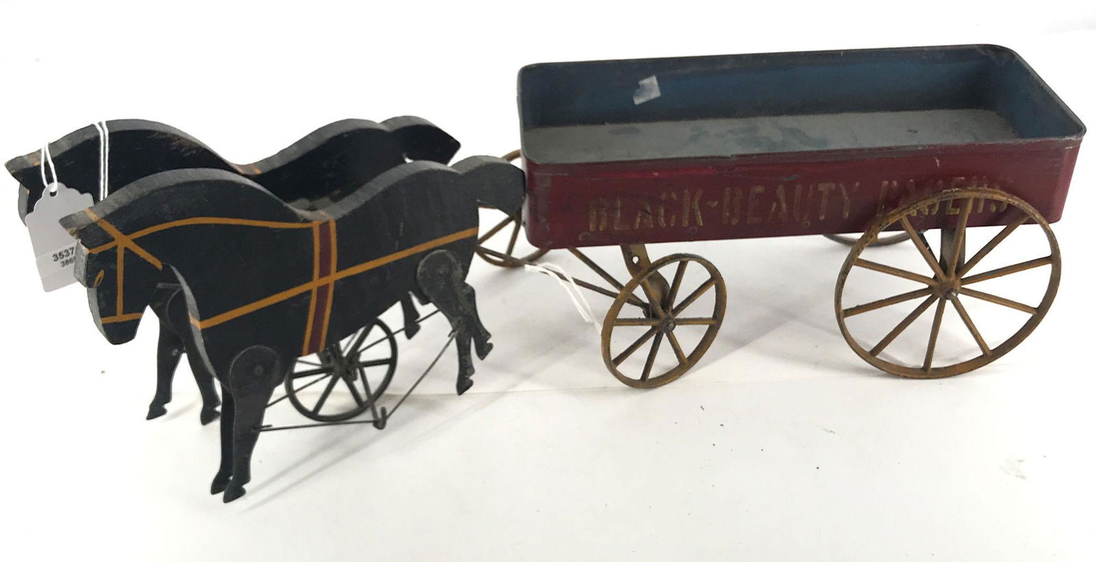 TIN, IRON AND WOOD 2 HORSE WAGON PULL TOY ( BLACK: TIN, IRON AND WOOD 2 HORSE WAGON PULL TOY ( BLACK BEAUTY PACKERS) 18' LONG