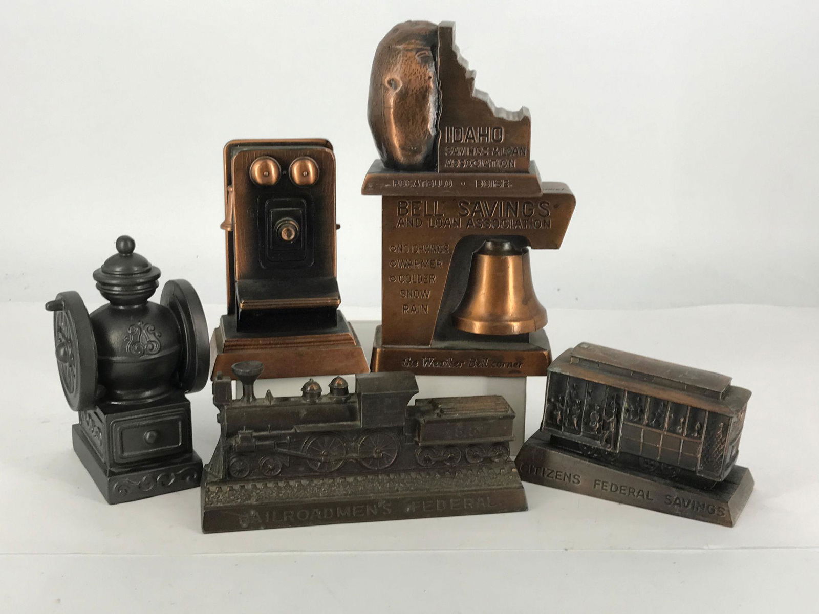 BOX LOT OF SIX CAST METAL BANKS INCLUDING COFFEE (1 of 2)