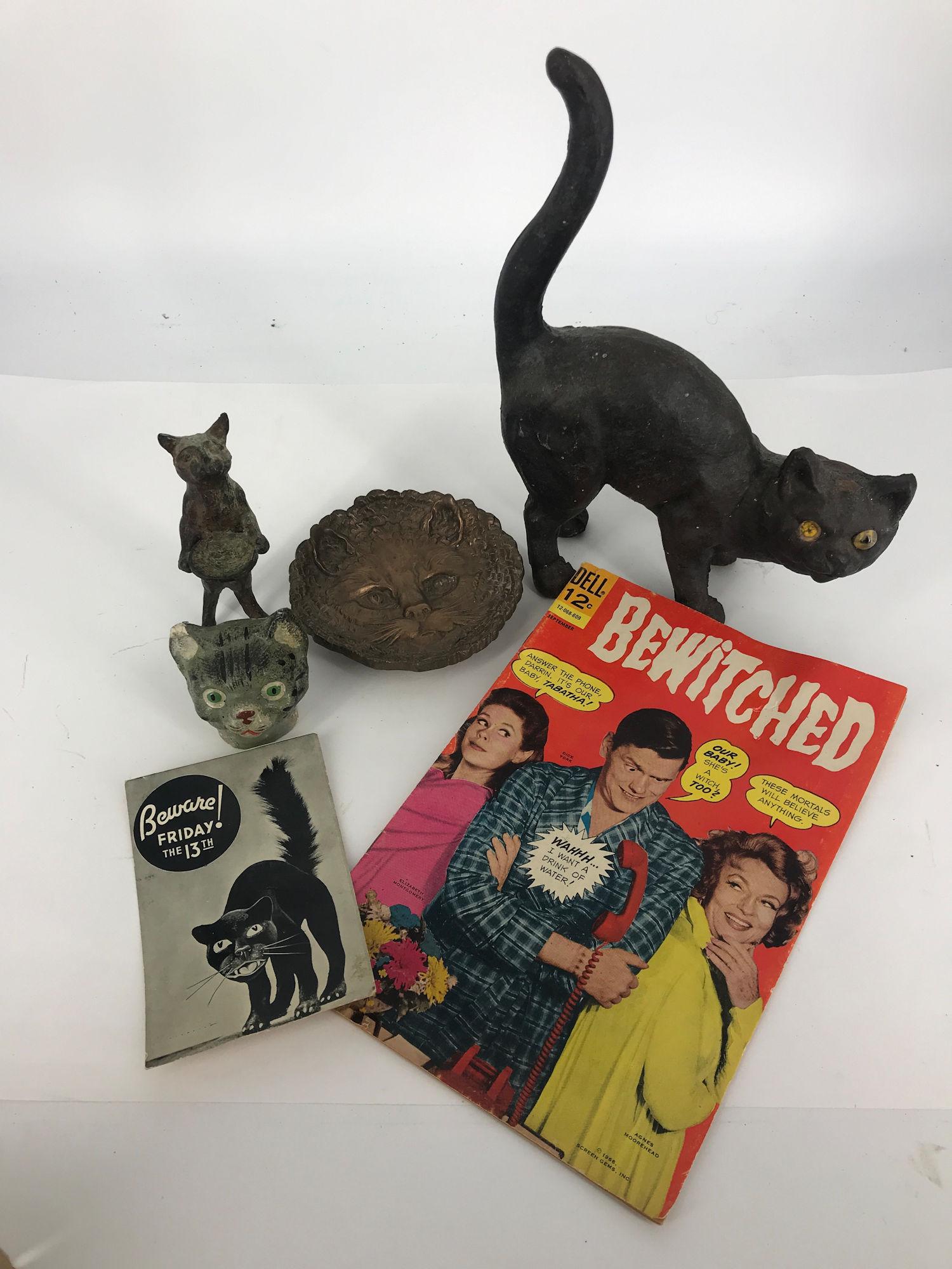 BOX LOT HALLOWEEN CAT DECOR INCLUDING 8" CAST IRON (1 of 1)