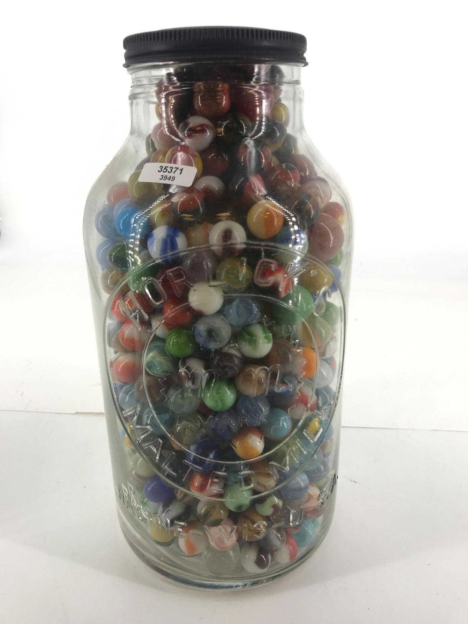 11" JAR OF MACHINE MADE MARBLES, UNSORTED FROM ESTATE. (1 of 1)